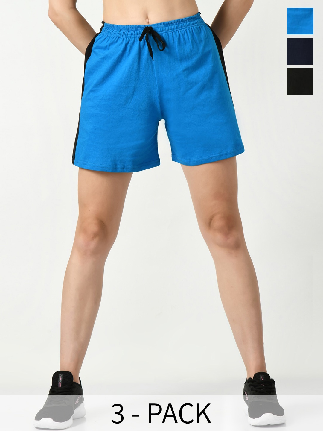 

BAESD Women Pack of 3 High-Rise Pure Cotton Sports Shorts, Blue