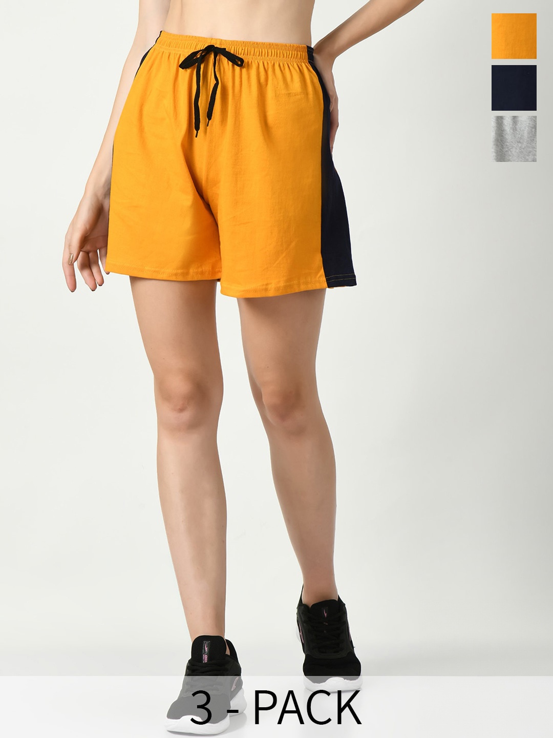 

BAESD Women Pack of 3 High-Rise Pure Cotton Sports Shorts, Yellow