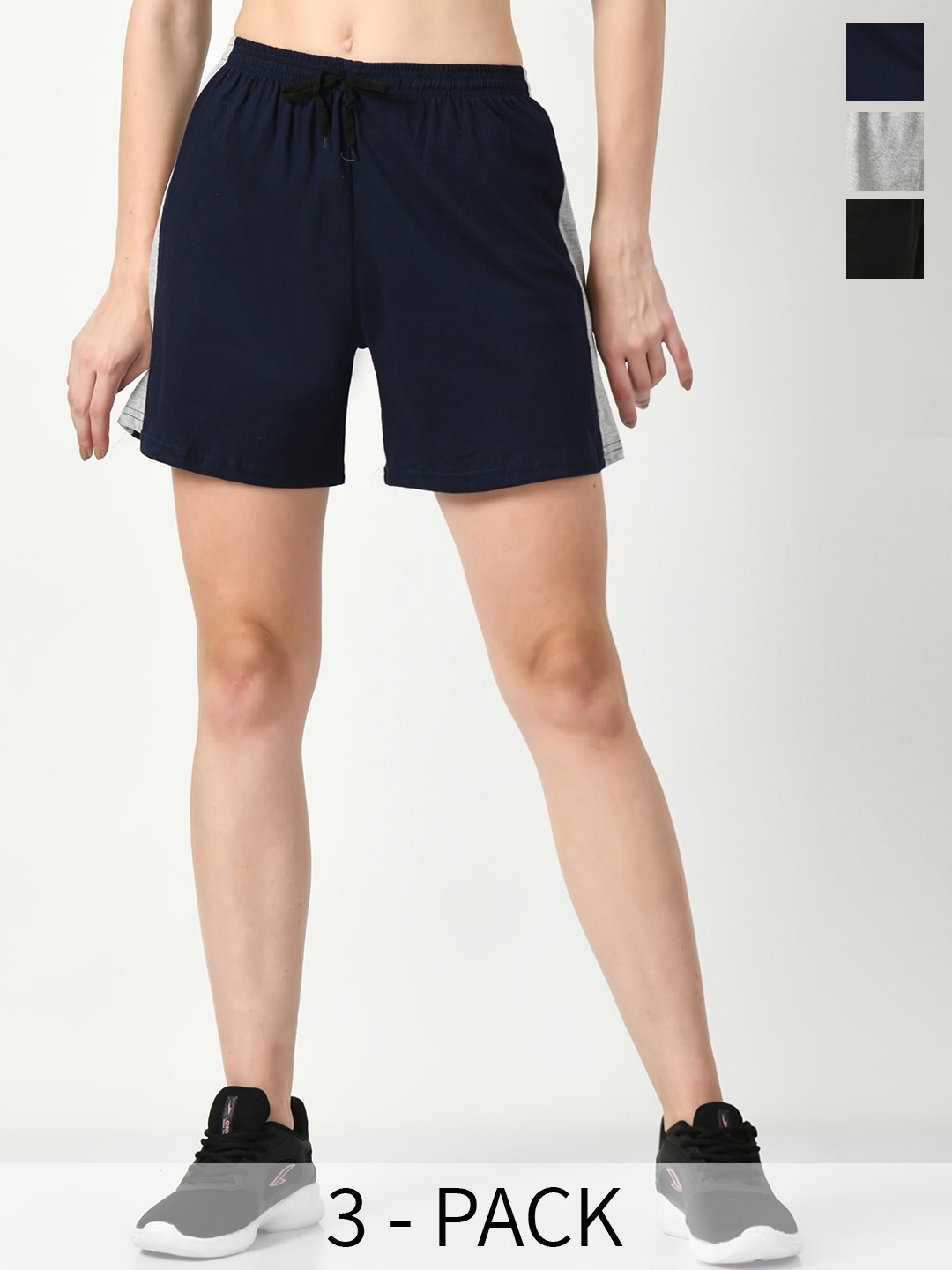 BAESD Women Pack of 3 High-Rise Pure Cotton Sports Shorts, Navy blue