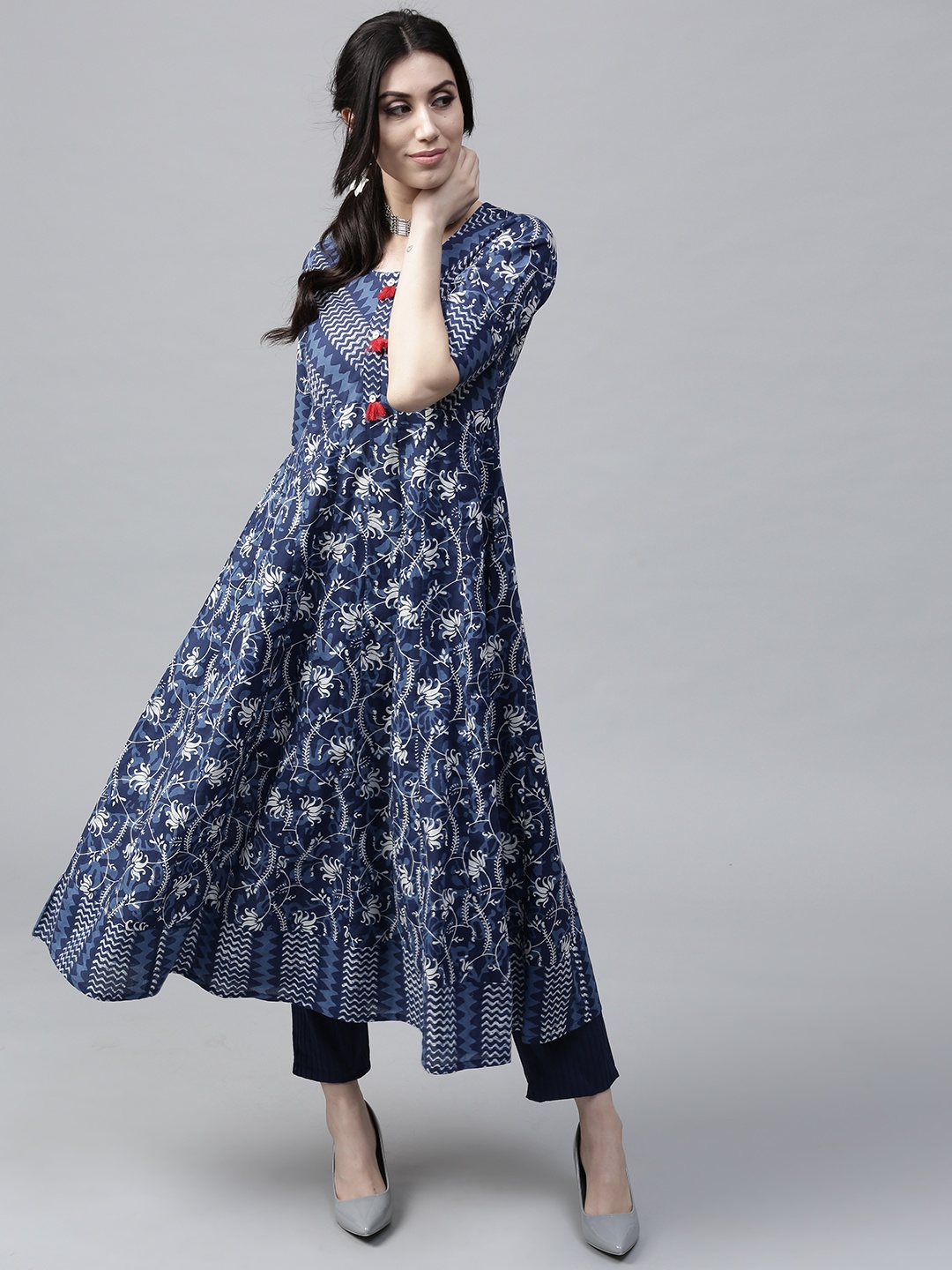 

AKS Women Navy Blue Printed Anarkali Kurta