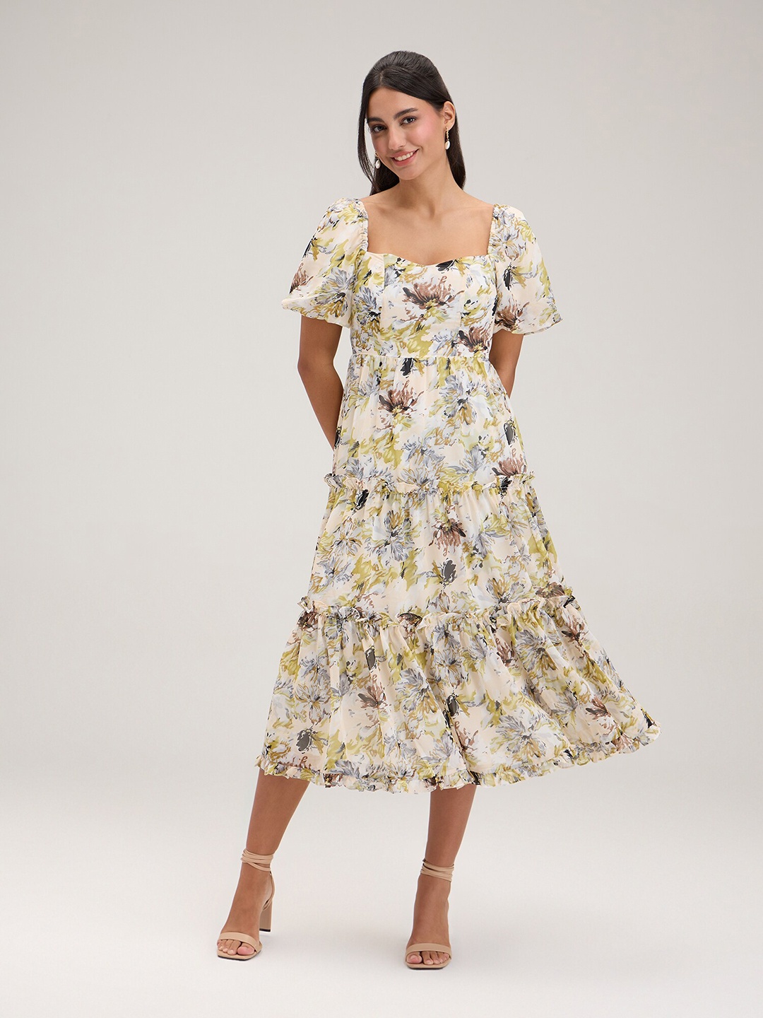 

20Dresses Off White Floral Printed Square Neck Flared Sleeves Tiered A-Line Midi Dress