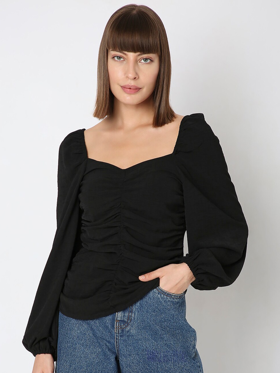 

Vero Moda Sweetheart Neck Puff Sleeves Ruched Top, Black