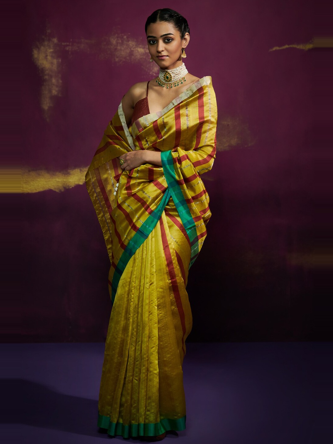 

Dressfolk Striped Zari Pure Silk Saree, Lime green