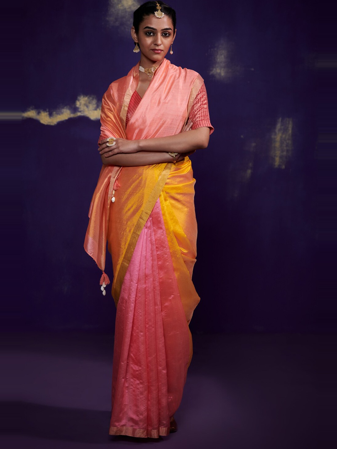 

Dressfolk Colourblocked Zari Pure Silk Saree, Peach