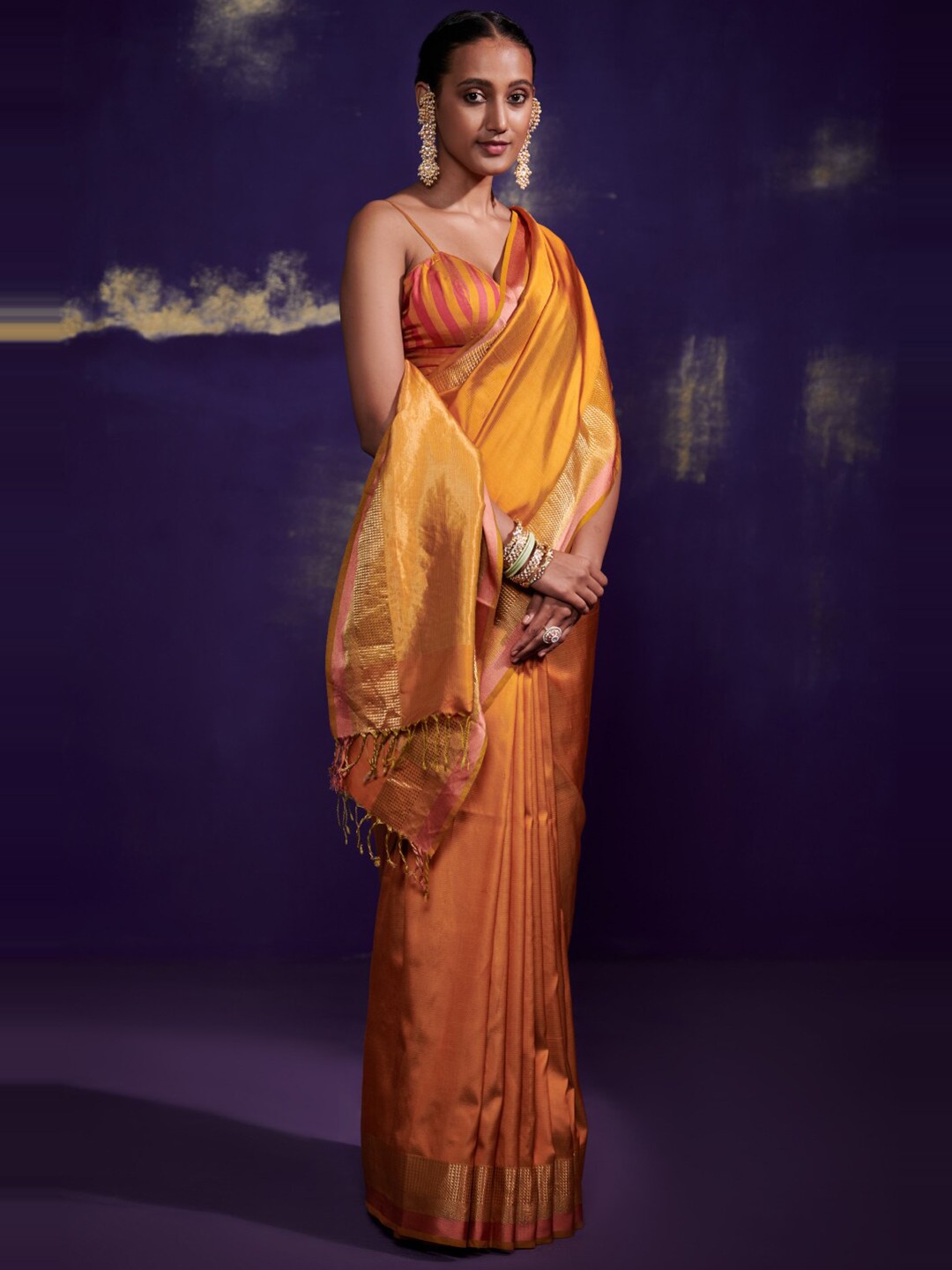 

Dressfolk Zari Pure Silk Saree, Orange
