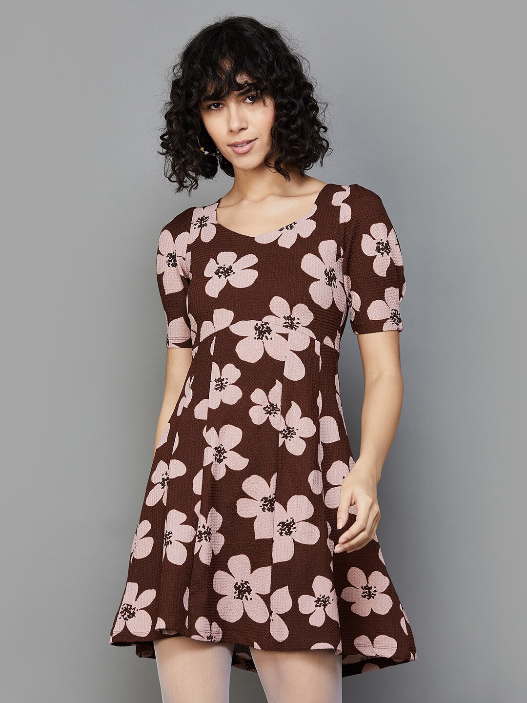 

Ginger by Lifestyle Floral Print Puff Sleeve Fit & flare Mini Dress, Mauve
