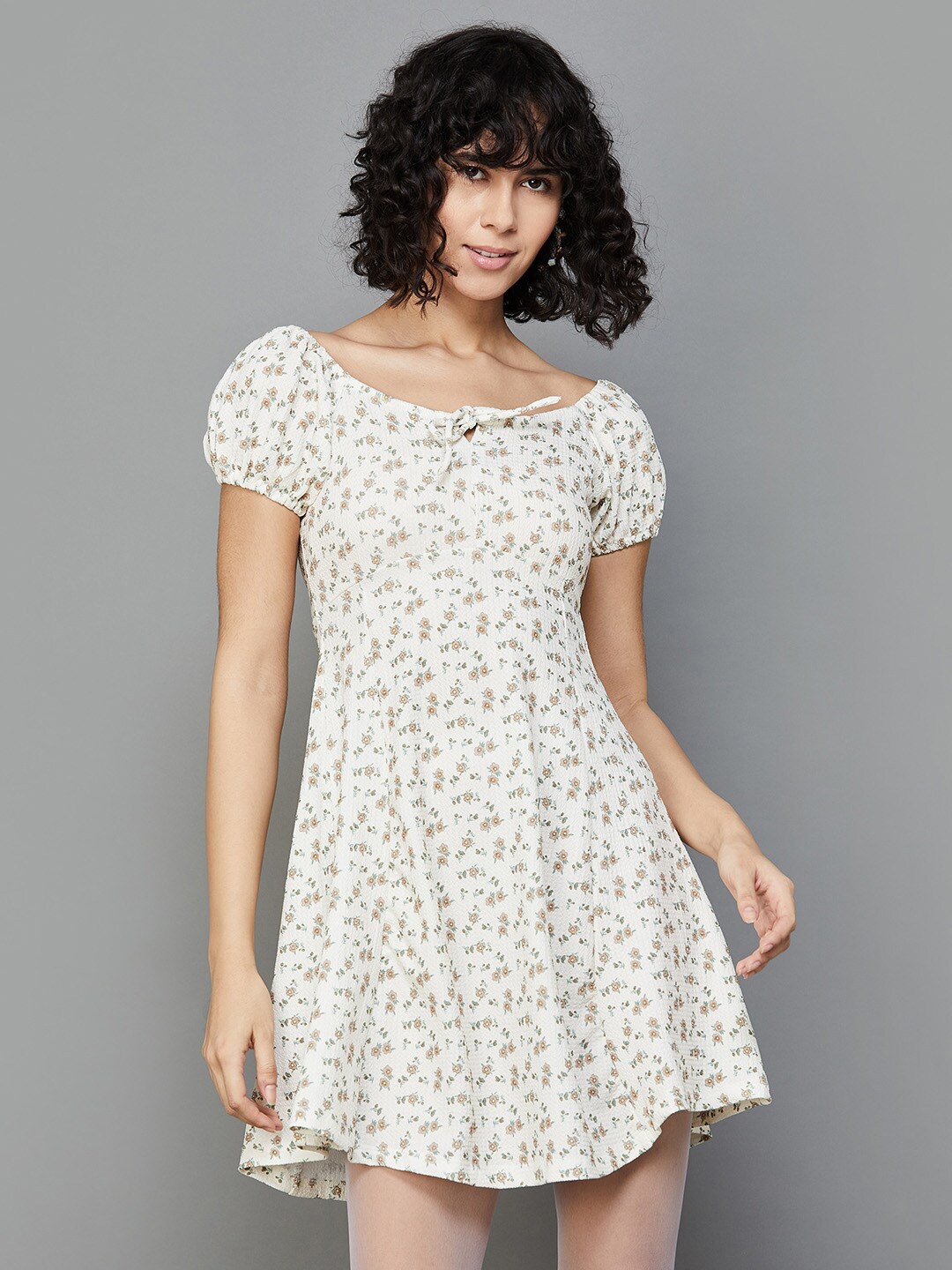 

Ginger by Lifestyle Floral Printed Puff Sleeves A-Line Dress, Off white