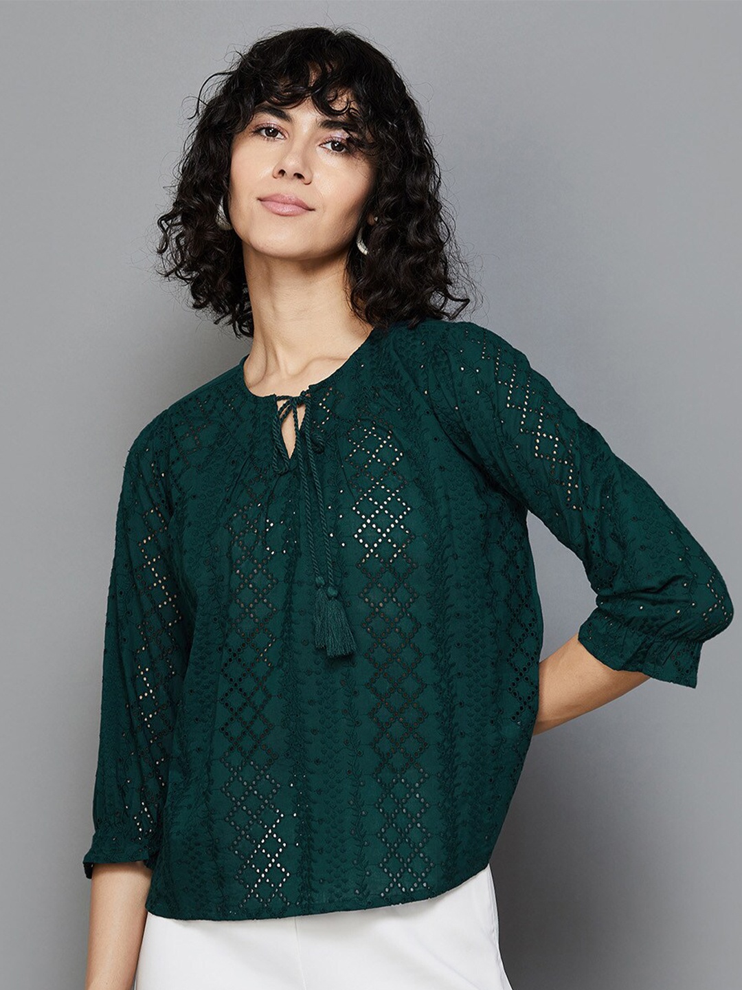 

Fame Forever by Lifestyle Self Design Tie-Up Neck Cotton Top, Green