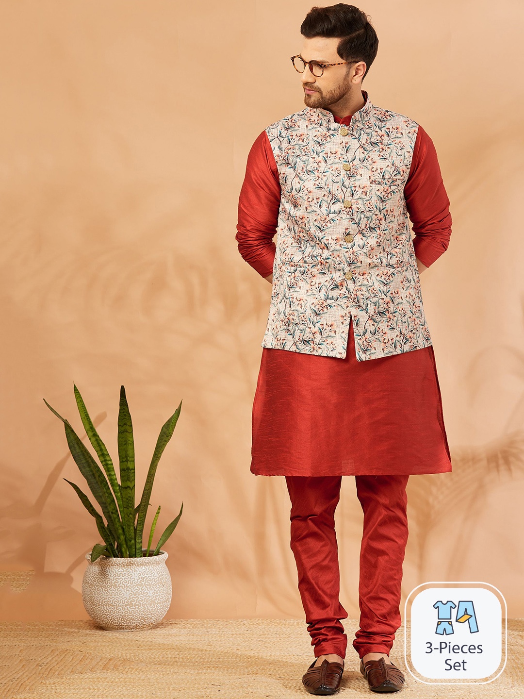 

Armaan Ethnic Mandarin Collar Dupion Silk Kurta With Churidar & Nehru jacket, Cream