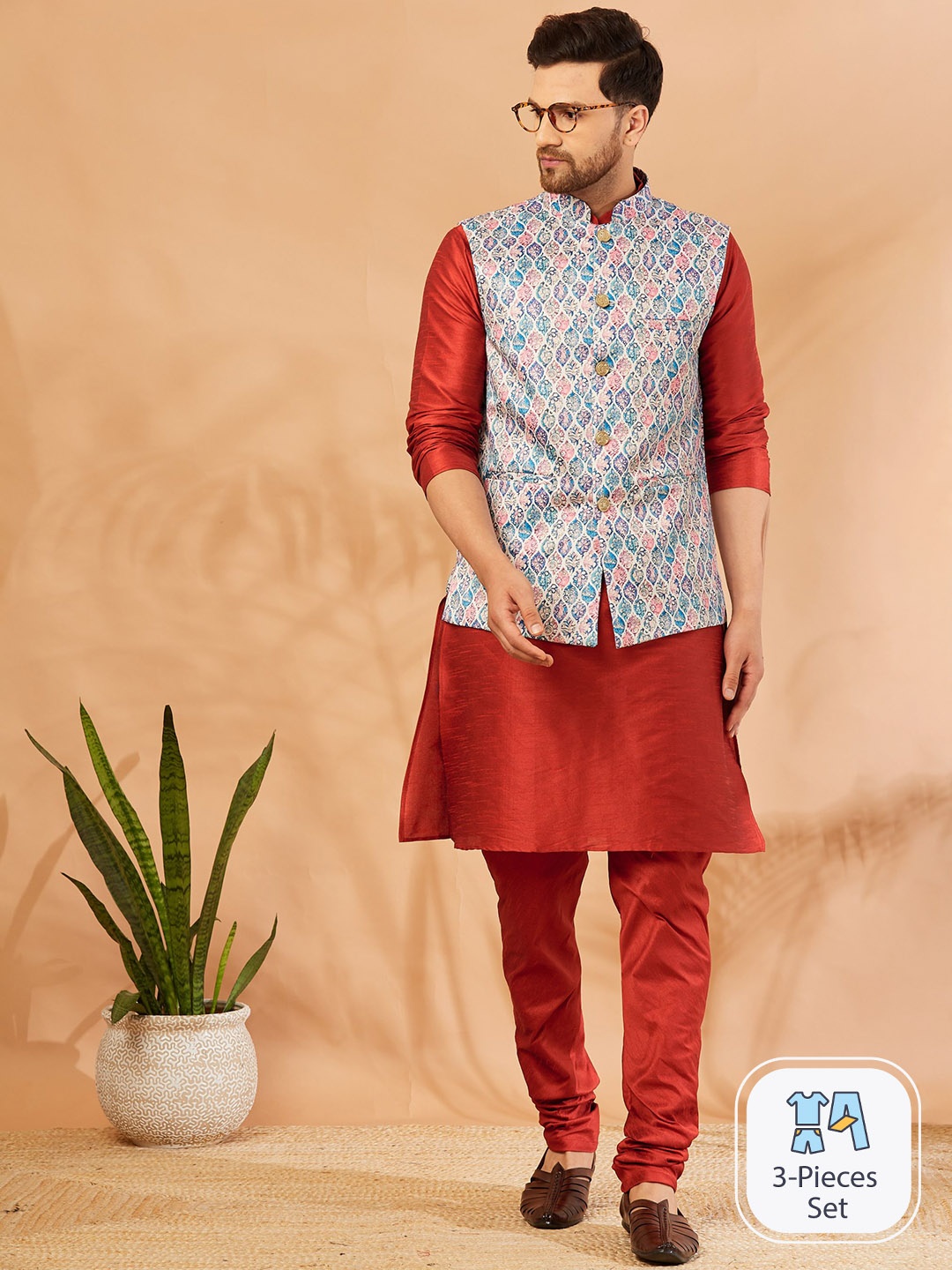

Armaan Ethnic Mandarin Collar Dupion Silk Kurta With Churidar & Nehru jacket, Red
