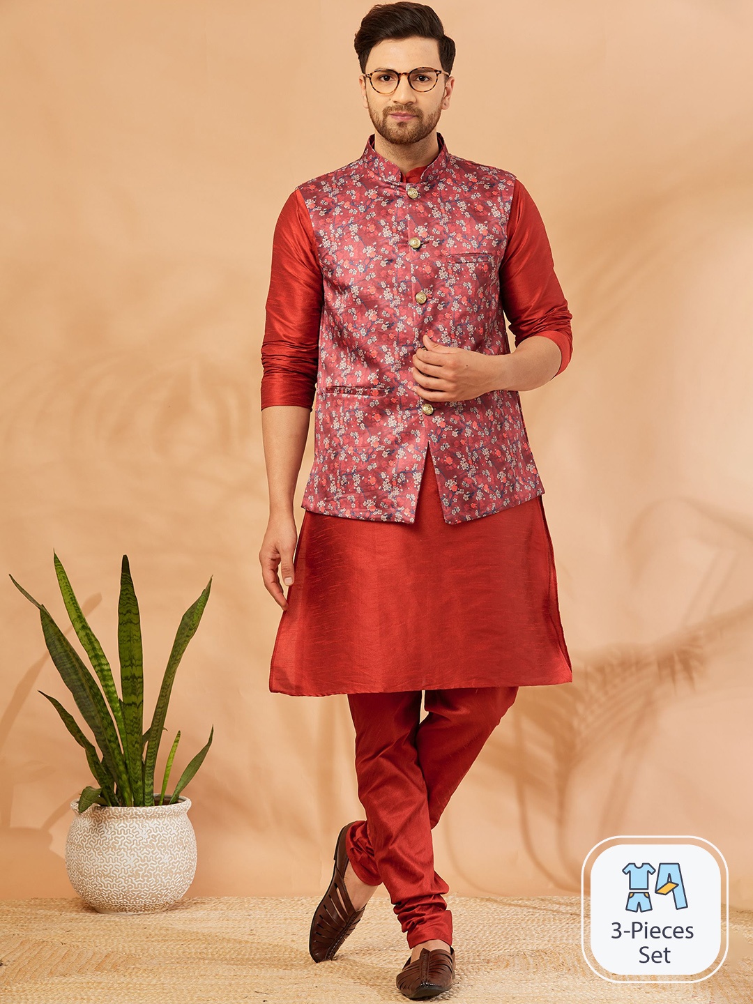 

Armaan Ethnic Mandarin Collar Dupion Silk Kurta With Churidar & Nehru jacket, Red