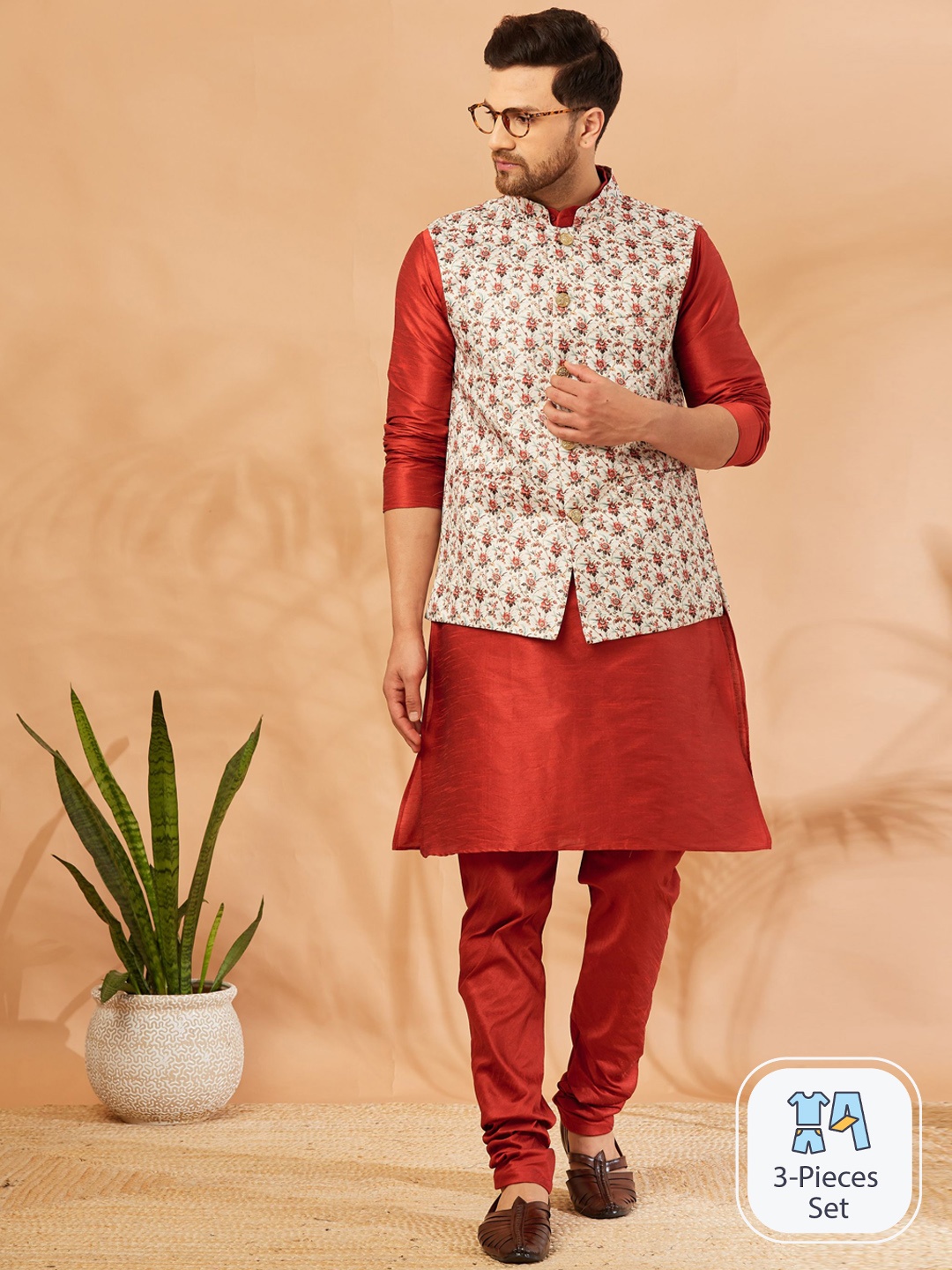 

Armaan Ethnic Band Collar A-Line Kurta & Churidar With Nehru Jacket, Red