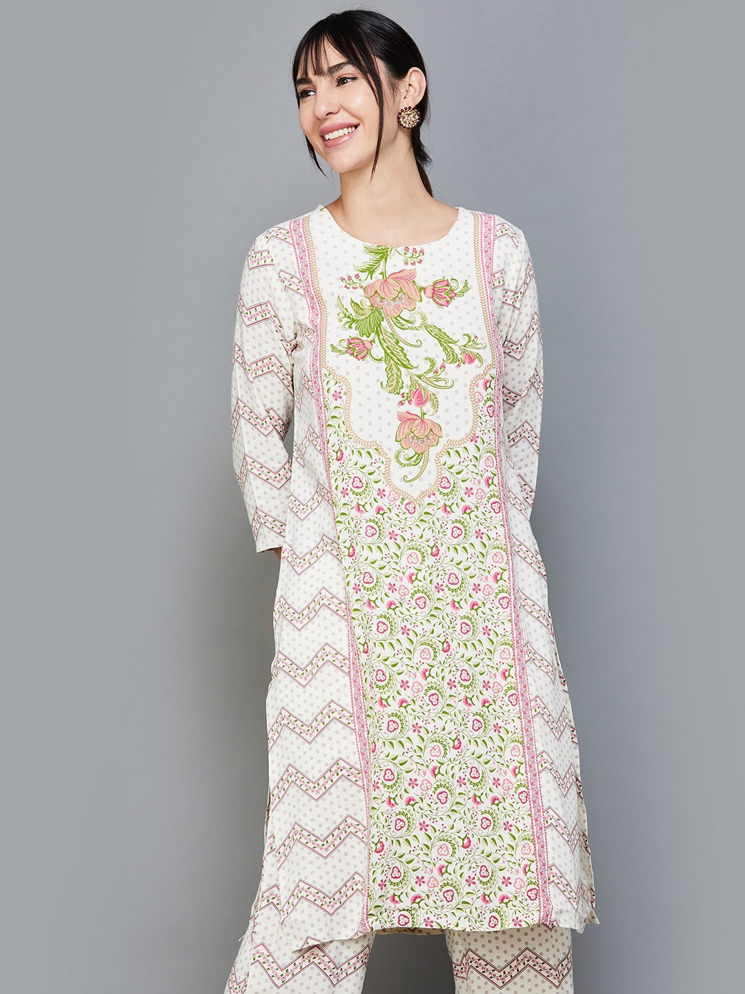

Melange by Lifestyle Floral Printed Regular Kurta with Trousers, White