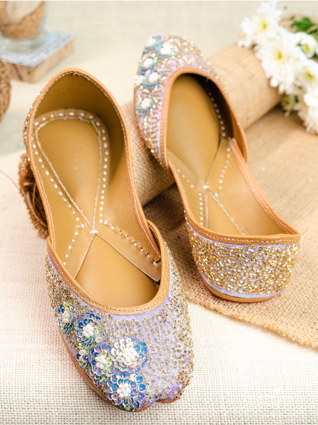 

NR By Nidhi Rathi Embellished Leather Mojaris, Lavender
