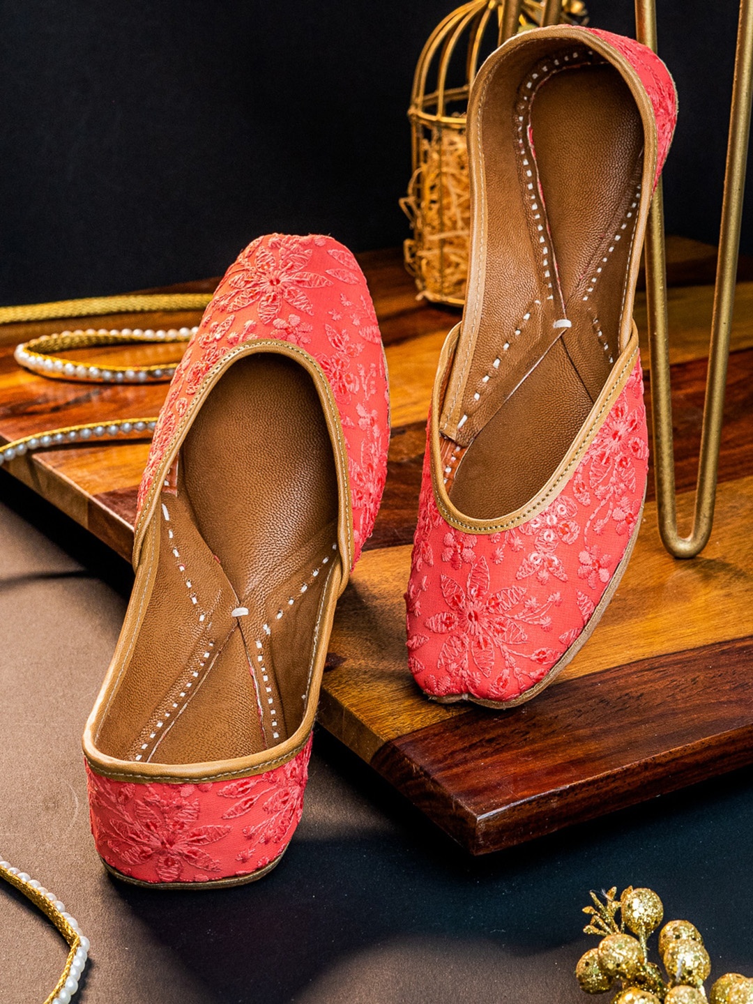 

NR By Nidhi Rathi Embellished Square Toe Ethnic Mojaris, Coral