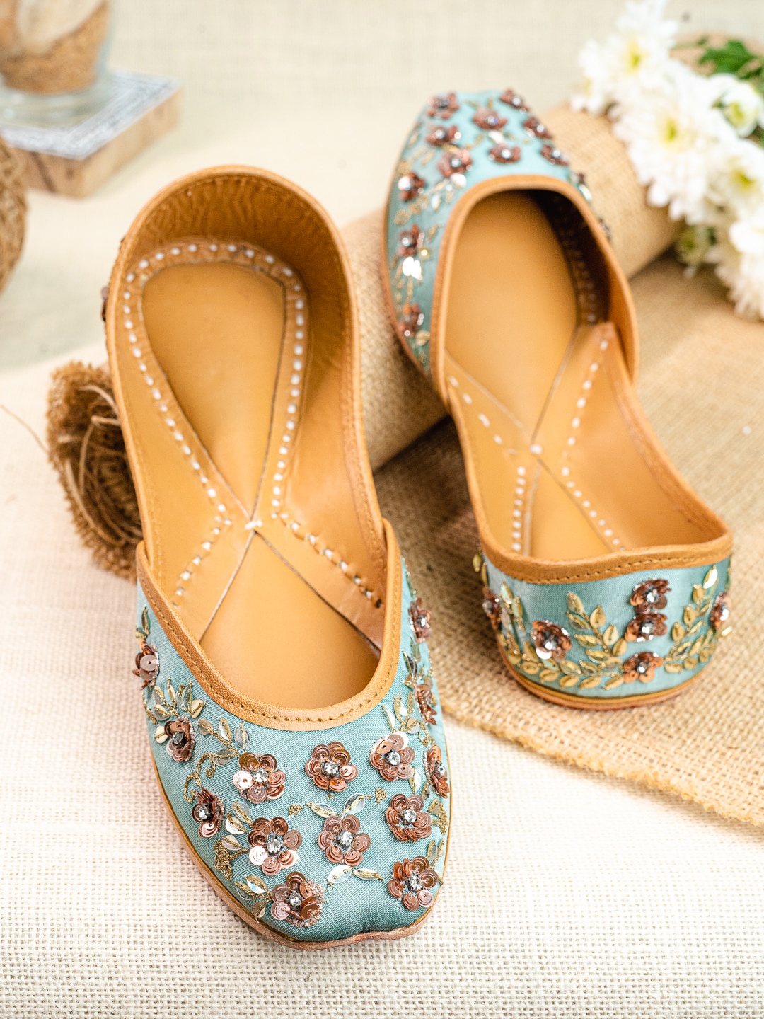 

NR By Nidhi Rathi Embellished Leather Mojaris, Sea green