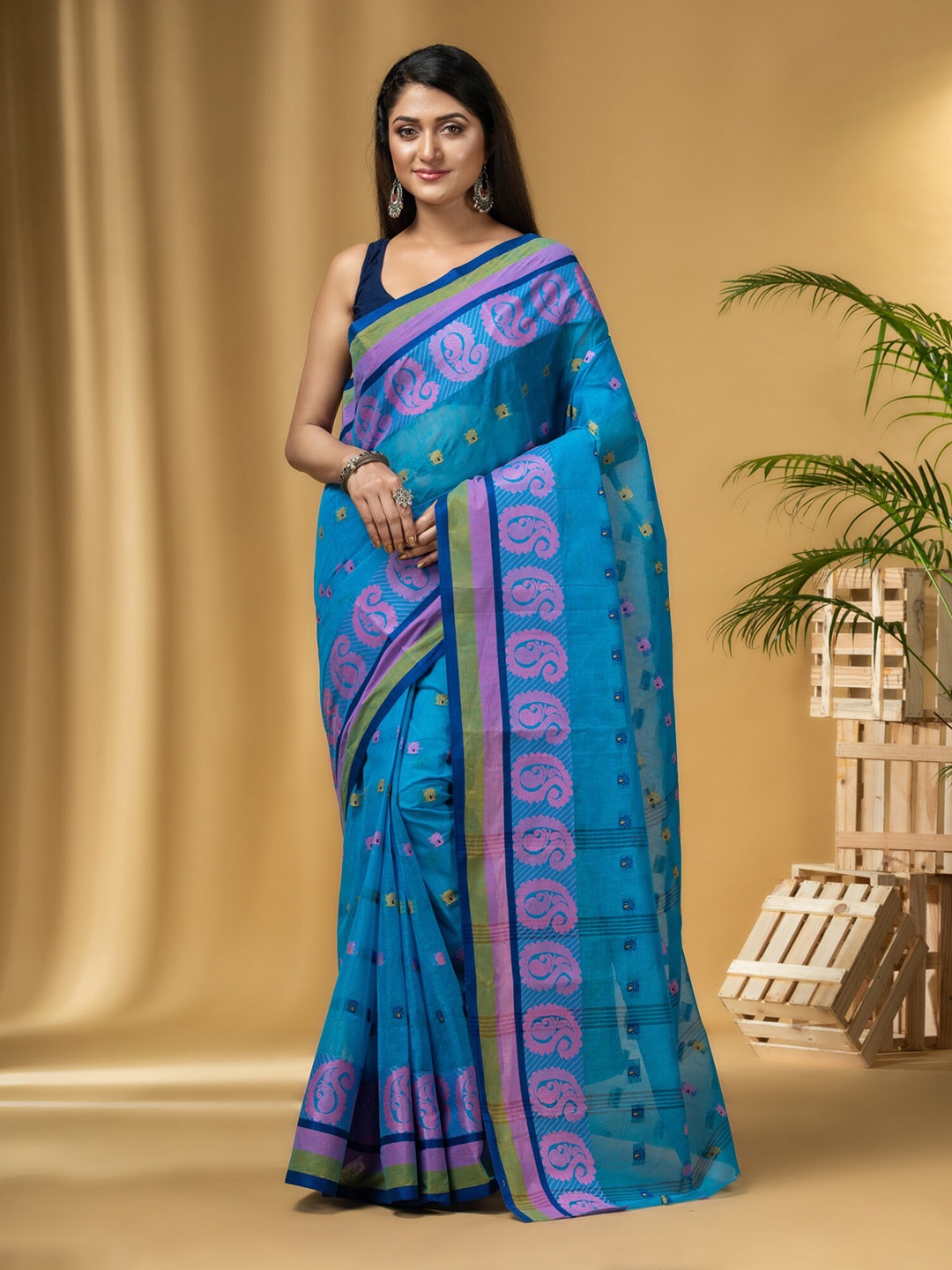 

DESH BIDESH Ethnic Motifs Woven Design Pure Cotton Taant Saree, Blue