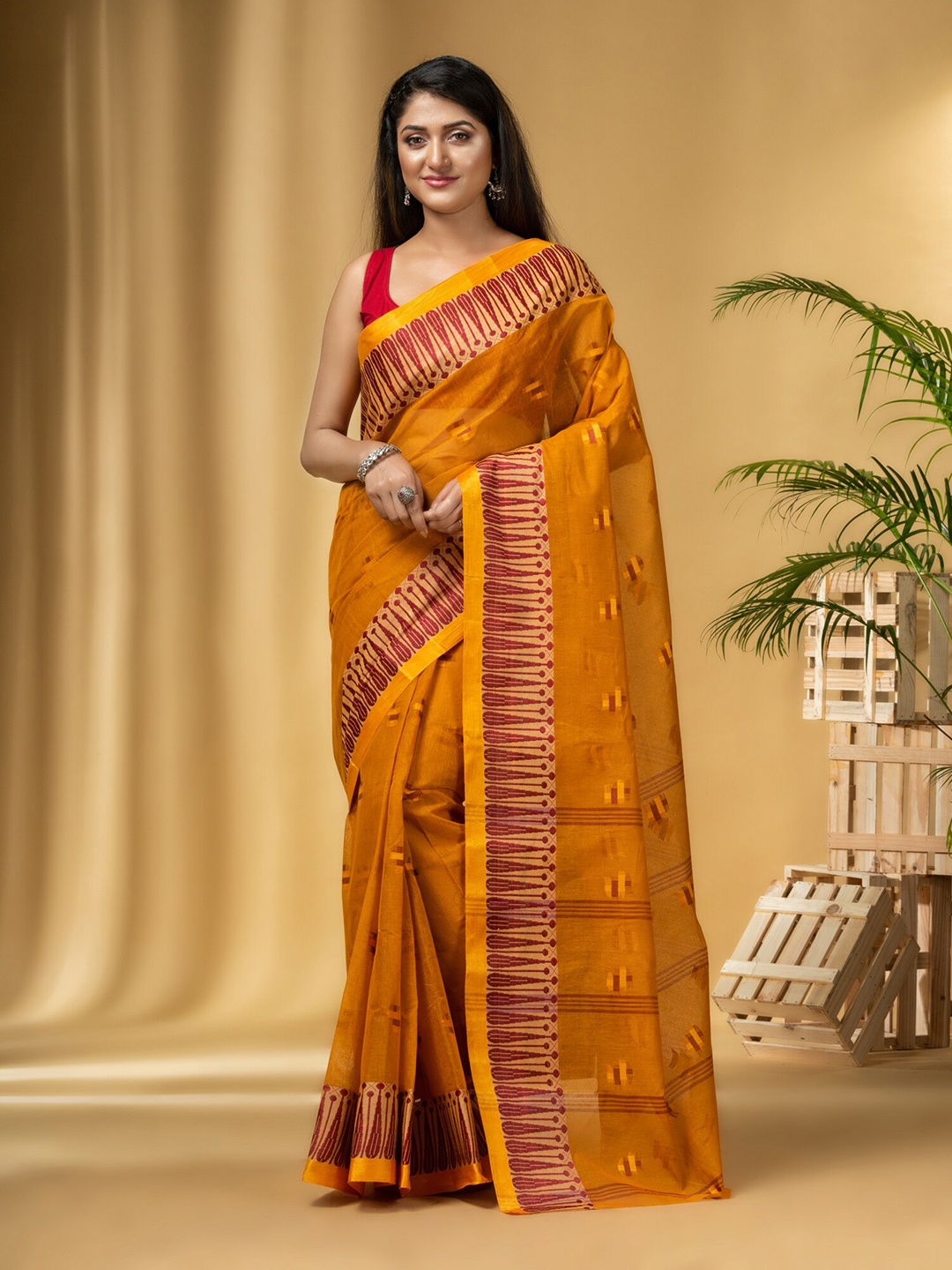 

DESH BIDESH Ethnic Motifs Woven Design Pure Cotton Taant Saree, Orange