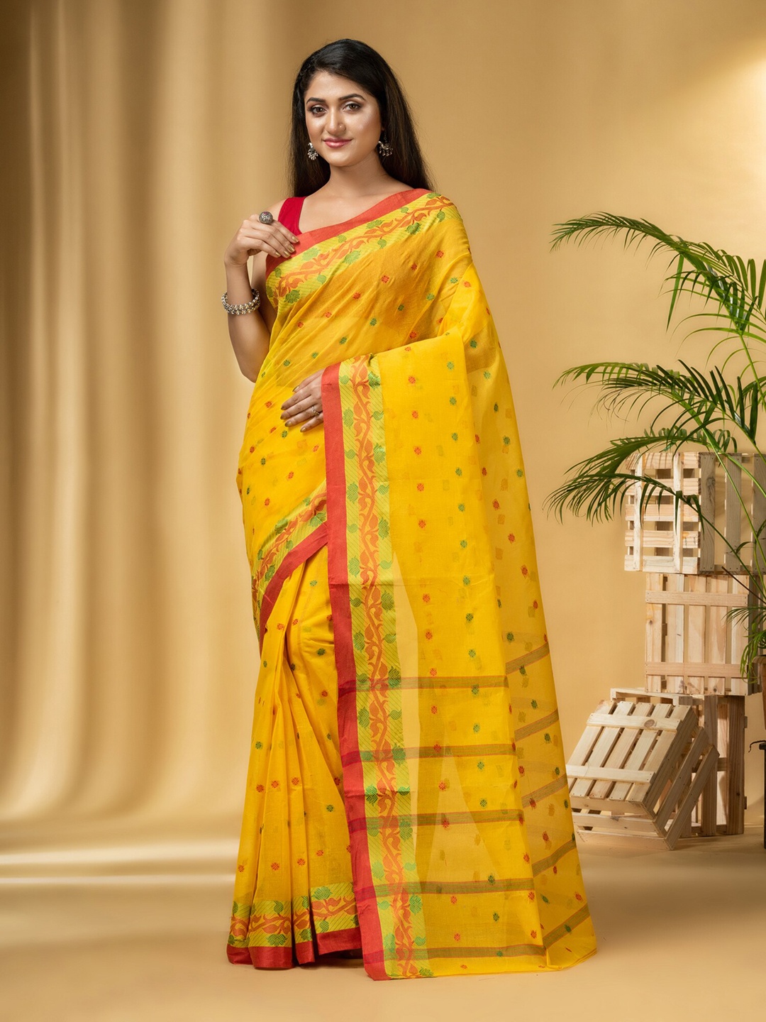 

DESH BIDESH Ethnic Motifs Woven Design Pure Cotton Taant Saree, Yellow