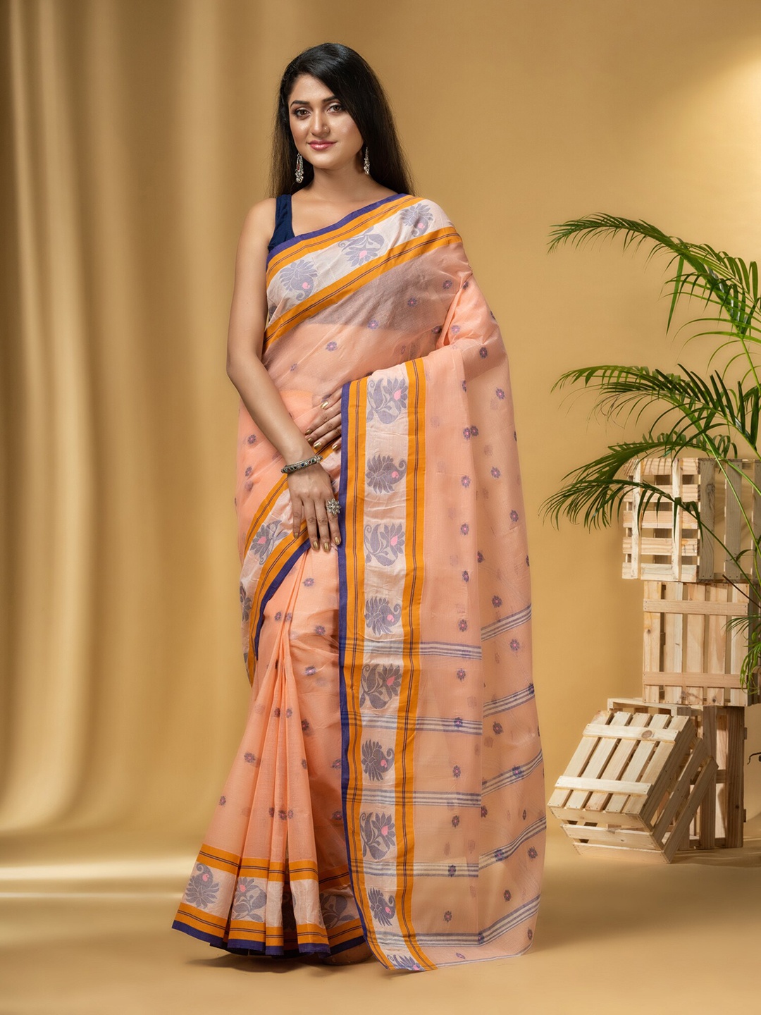 

DESH BIDESH Ethnic Motifs Woven Design Pure Cotton Taant Saree, Peach