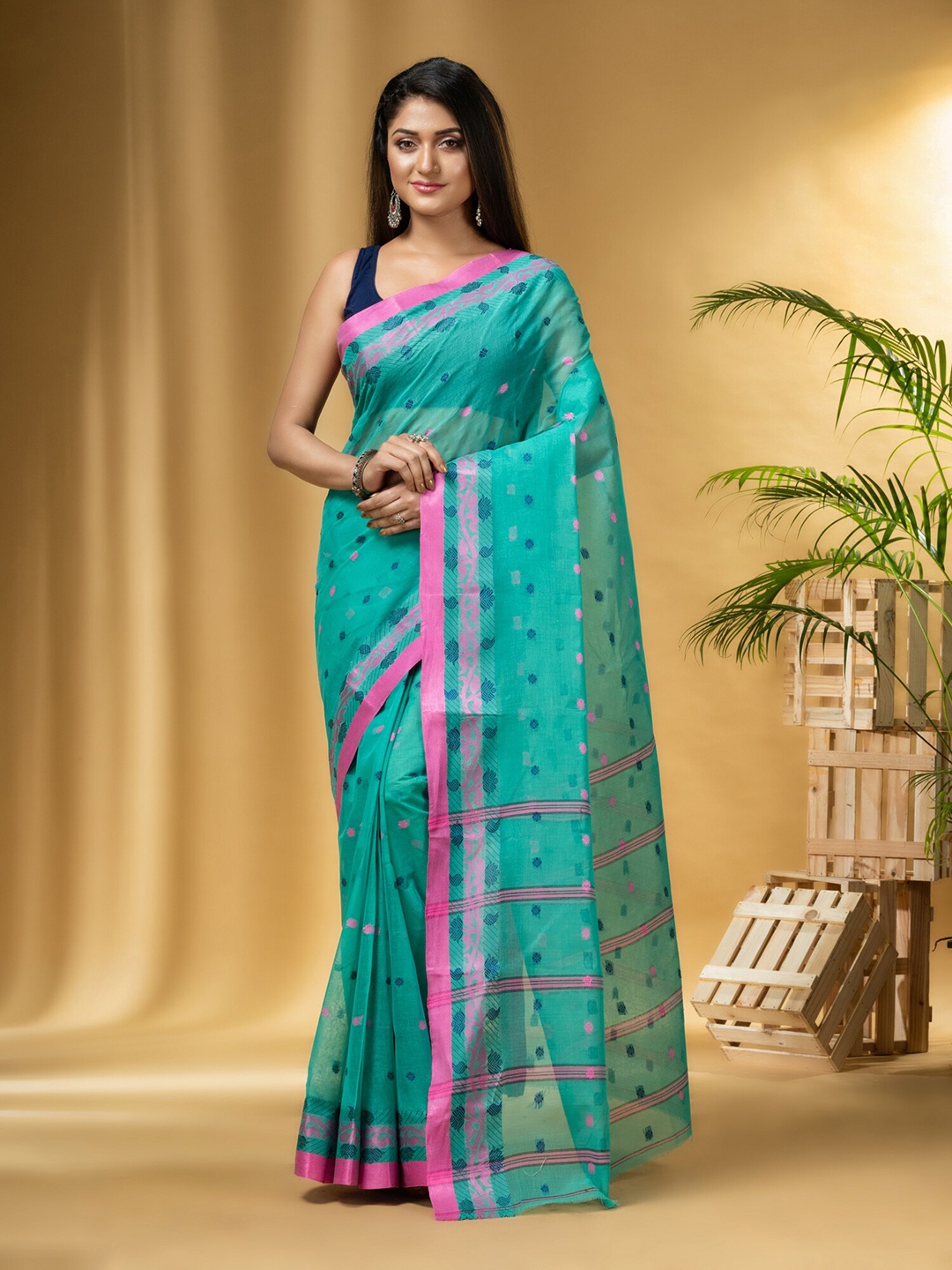 

DESH BIDESH Ethnic Motifs Woven Design Pure Cotton Taant Saree, Turquoise blue