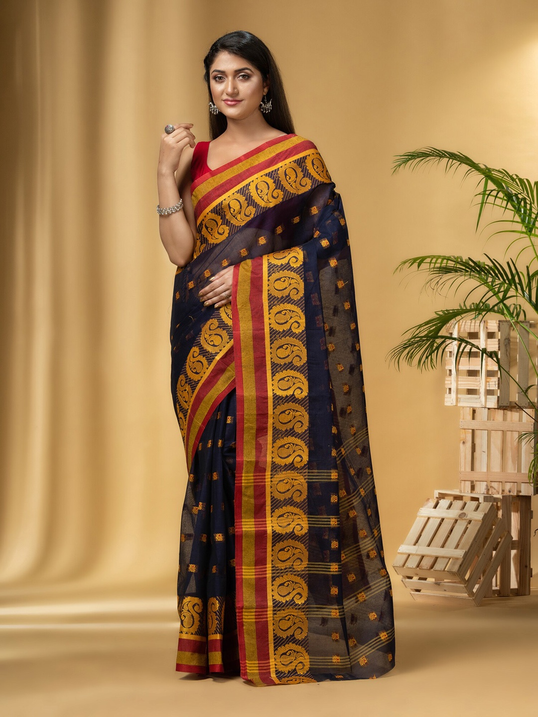 

DESH BIDESH Ethnic Motifs Woven Design Pure Cotton Taant Saree, Blue