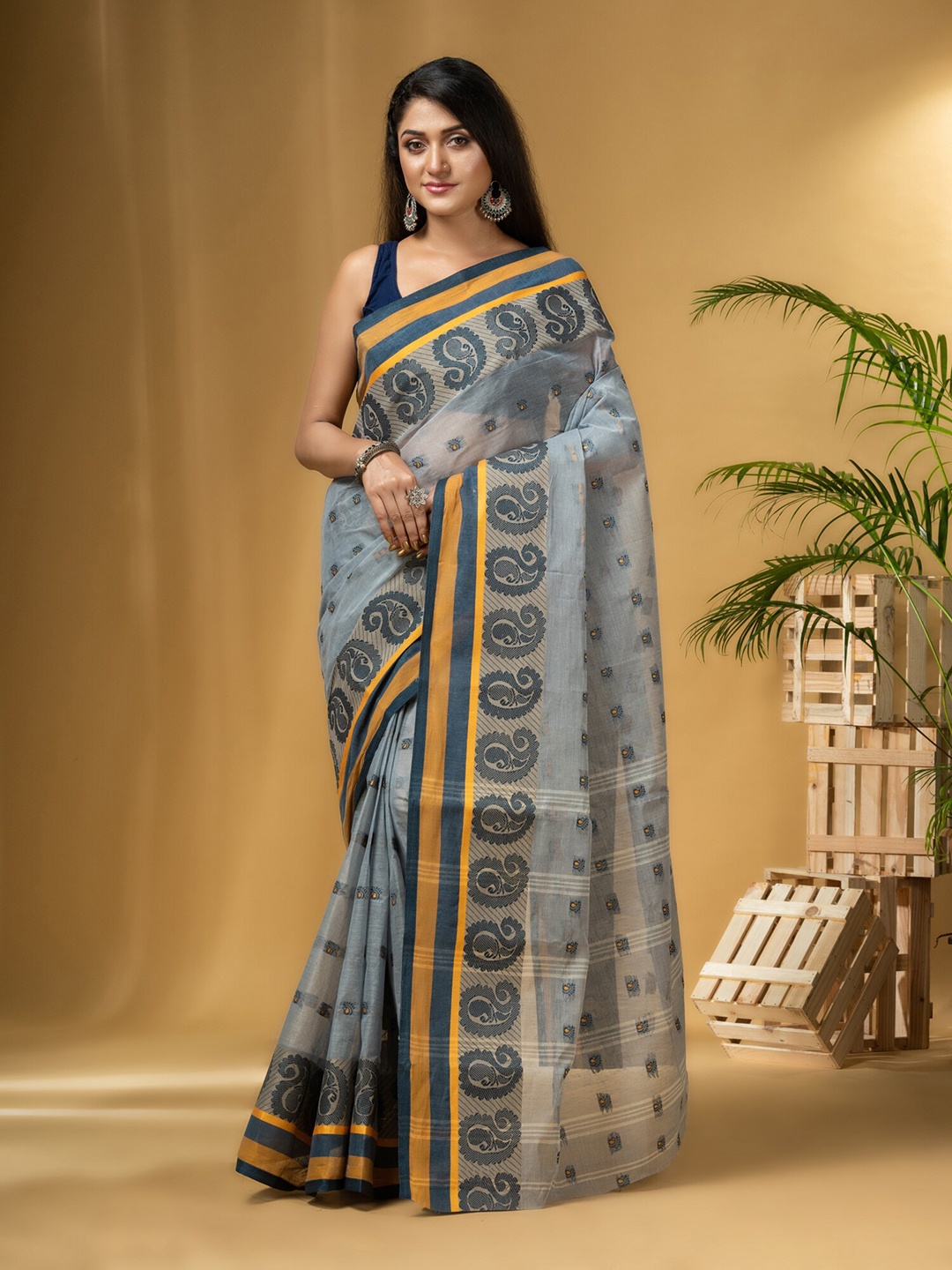 

DESH BIDESH Paisley Woven Design Pure Cotton Taant Saree, Grey