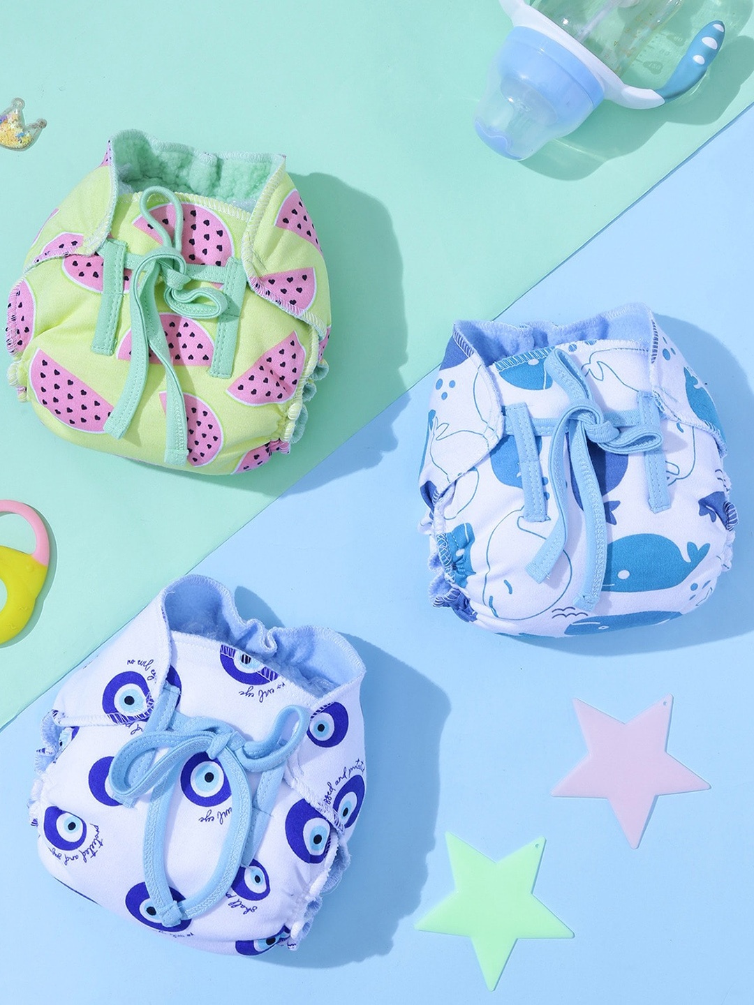

Snugkins Pack Of 9 Playtime Trio 100% Cotton New Age Nappies, Blue