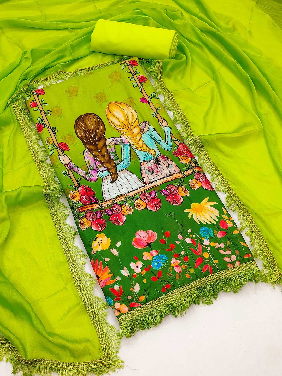 

KALINI Graphic Printed Unstitched Dress Material, Green