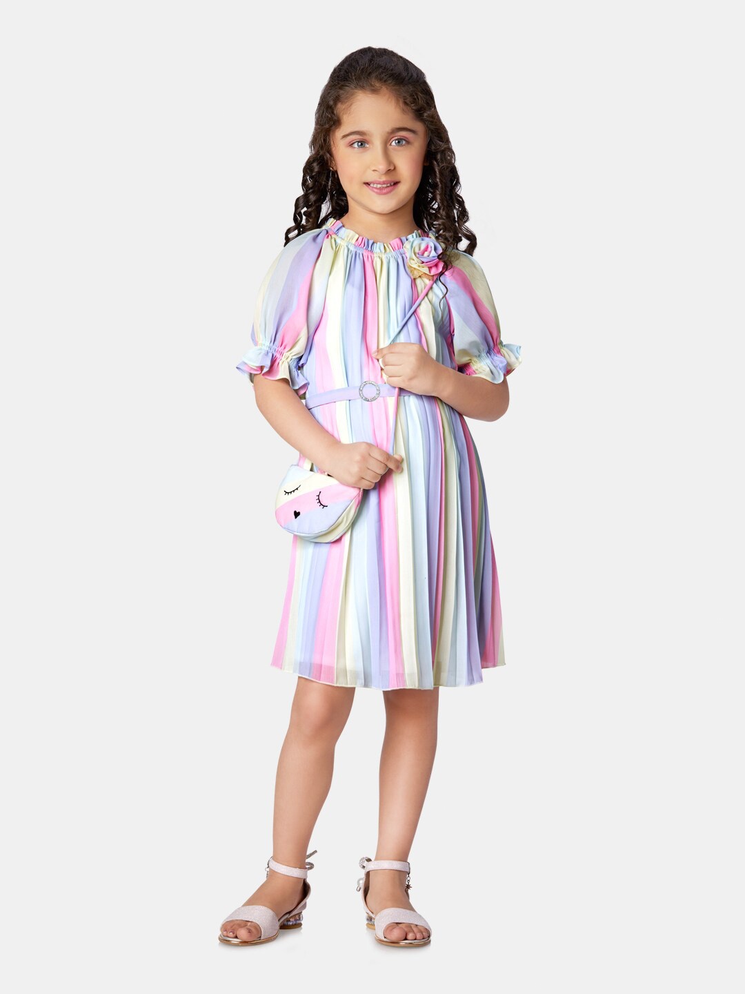 

Peppermint Girls Striped Puff Sleeve Georgette A-Line Dress, Blue