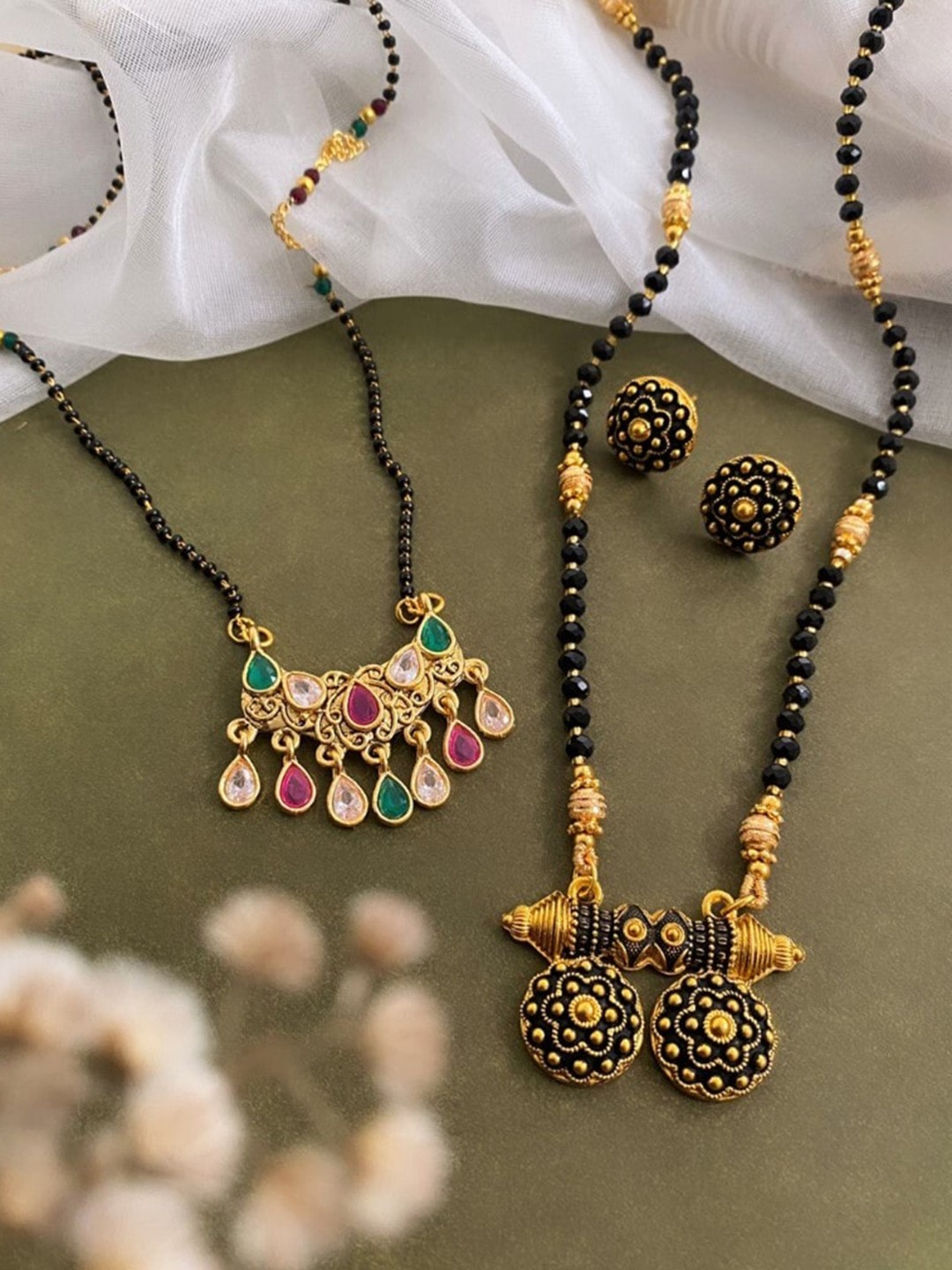 

ATIBELLE Set Of 2 Gold Plated & Stone Studded Mangalsutra & Earrings