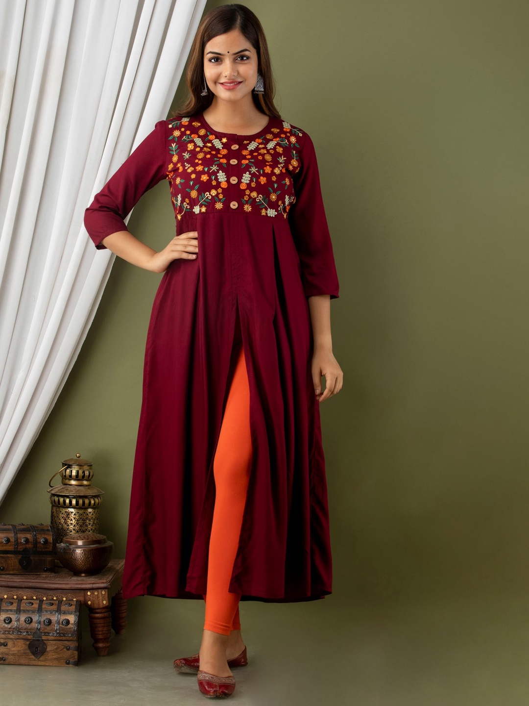 

NISHABD Floral Embroidered Thread Work Detailed Pleated A-Line Kurta, Burgundy