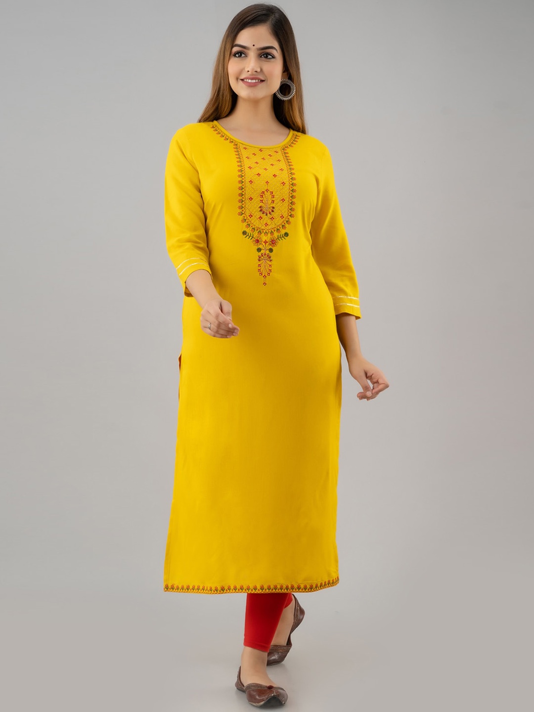 

NISHABD Women Mustard Yellow Geometric Embroidered Thread Work Kurta