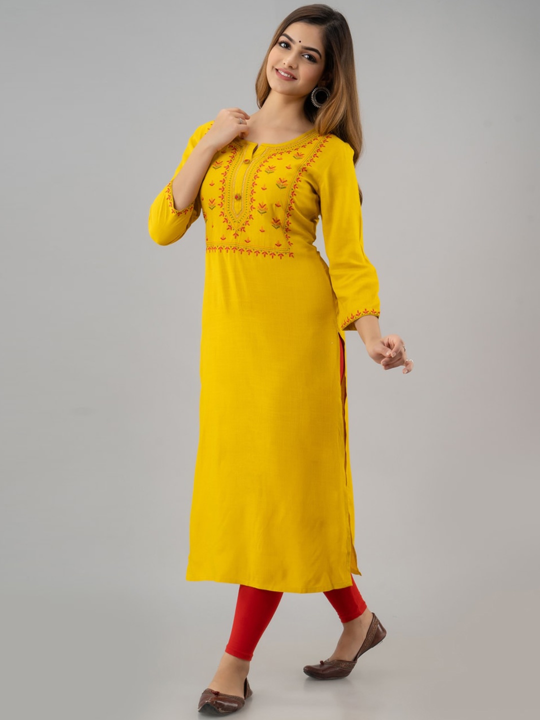

NISHABD Women Mustard Yellow Embroidered Flared Sleeves Thread Work Kurta