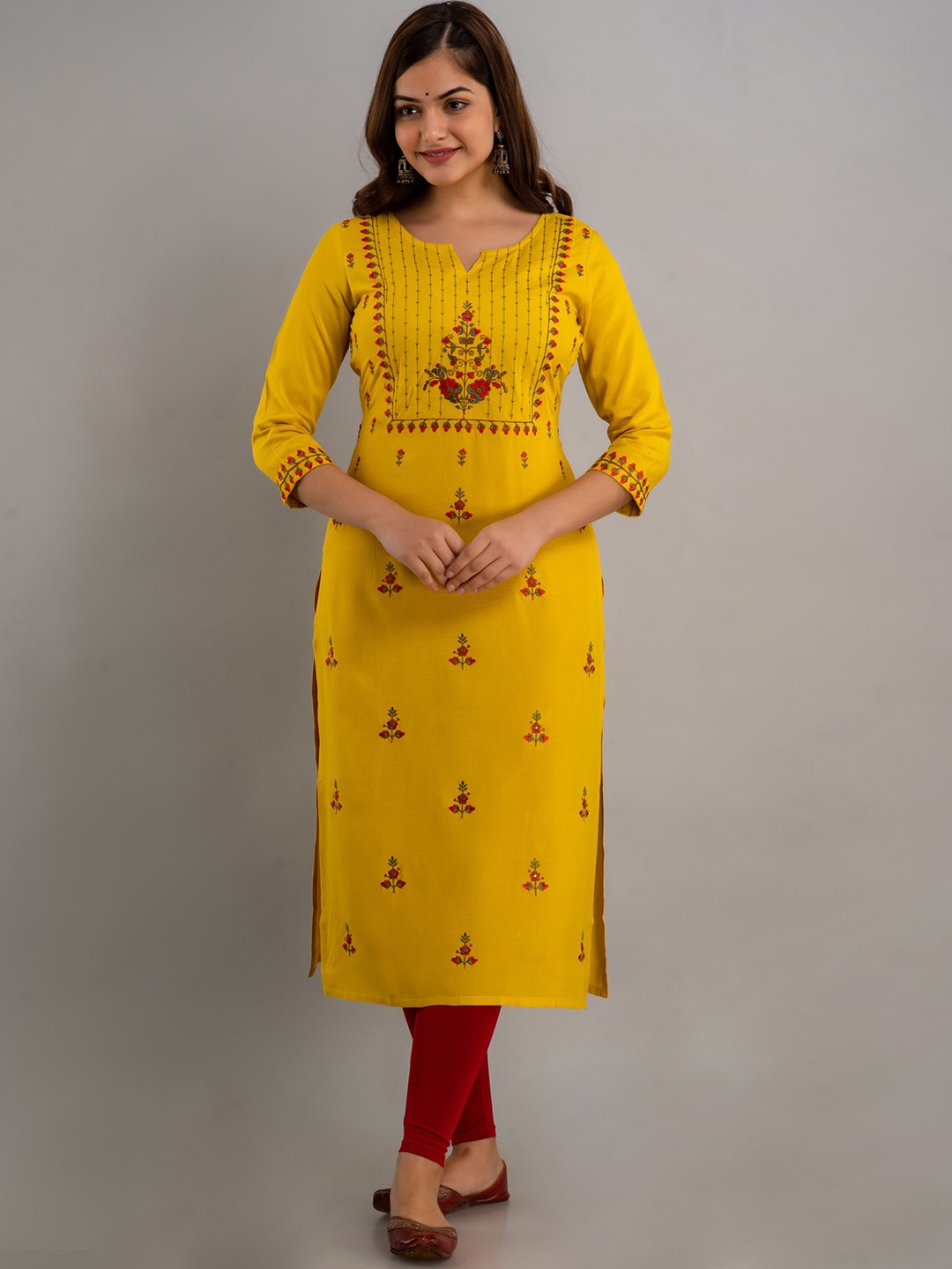 

NISHABD Ethnic Motif Embroidered Straight Kurta, Mustard