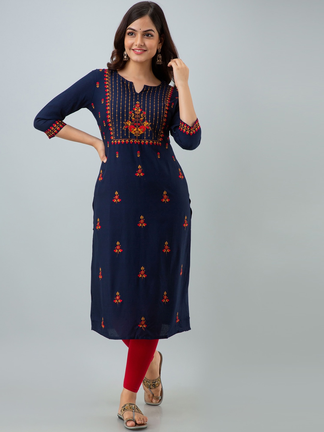 

NISHABD Ethnic Motifs Embroidered Thread Work Kurta, Navy blue