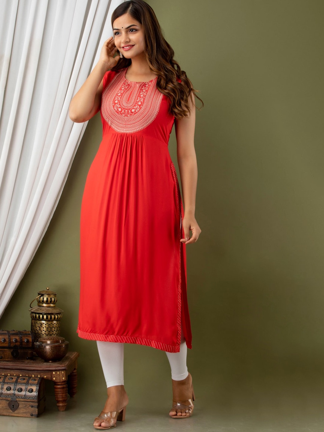 

NISHABD Ethnic Motifs Embroidered Thread Work Empire Kurta, Red