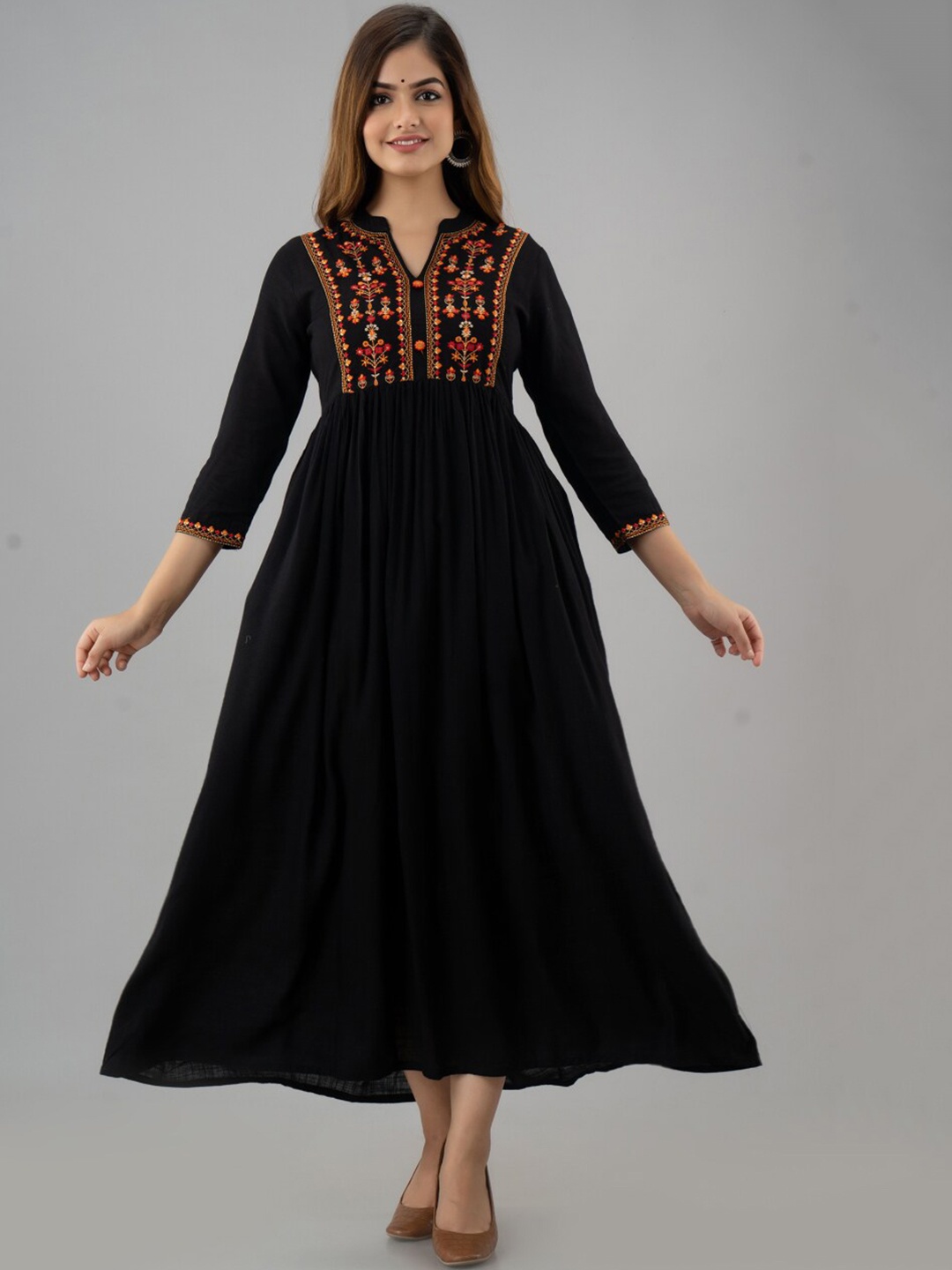 

NISHABD Embroidered Pleated A-Line Ethnic Dress, Black