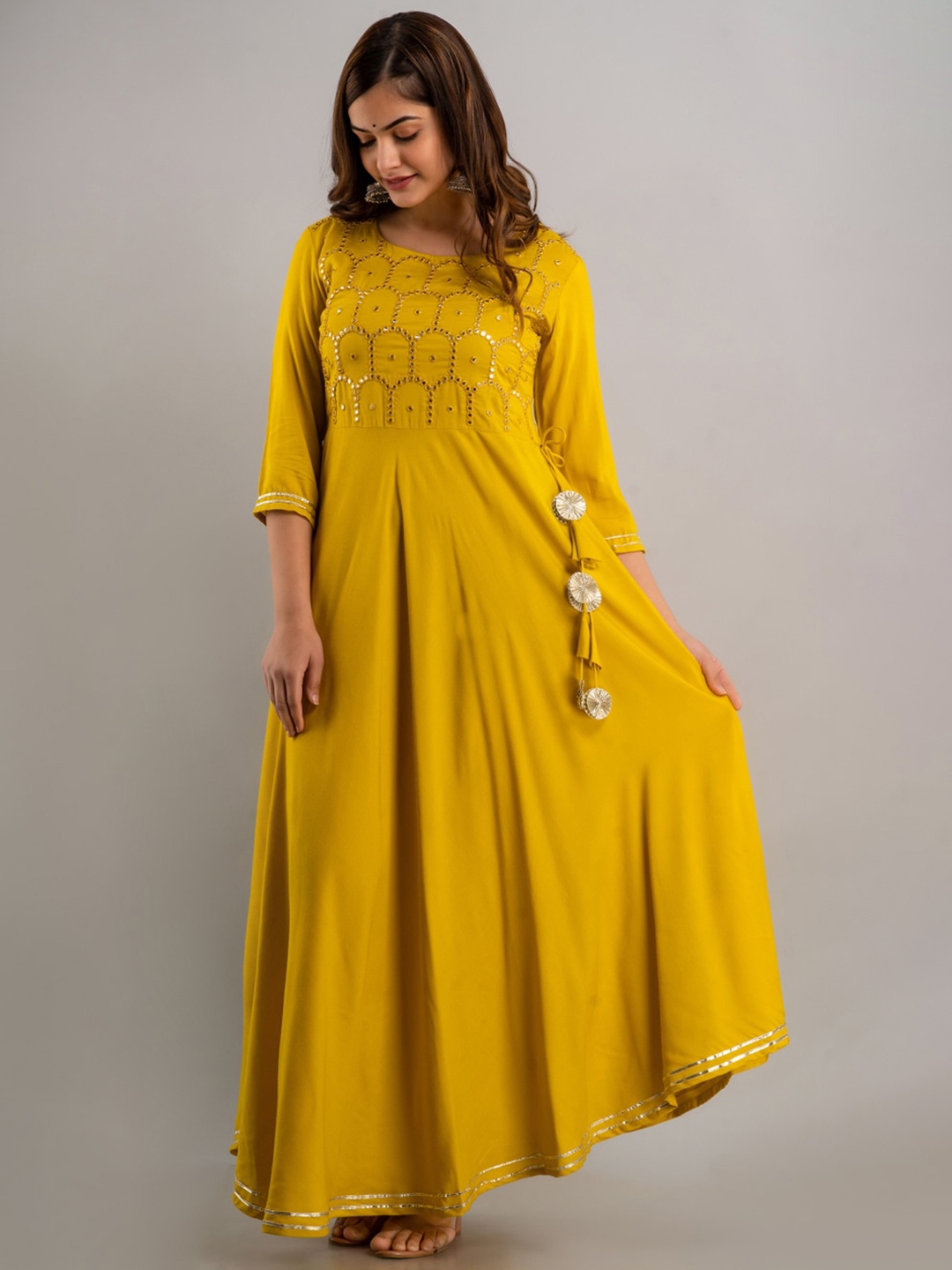 

NISHABD Ethnic Motifs Embroidered Mirror Work Maxi Ethnic Dress, Mustard