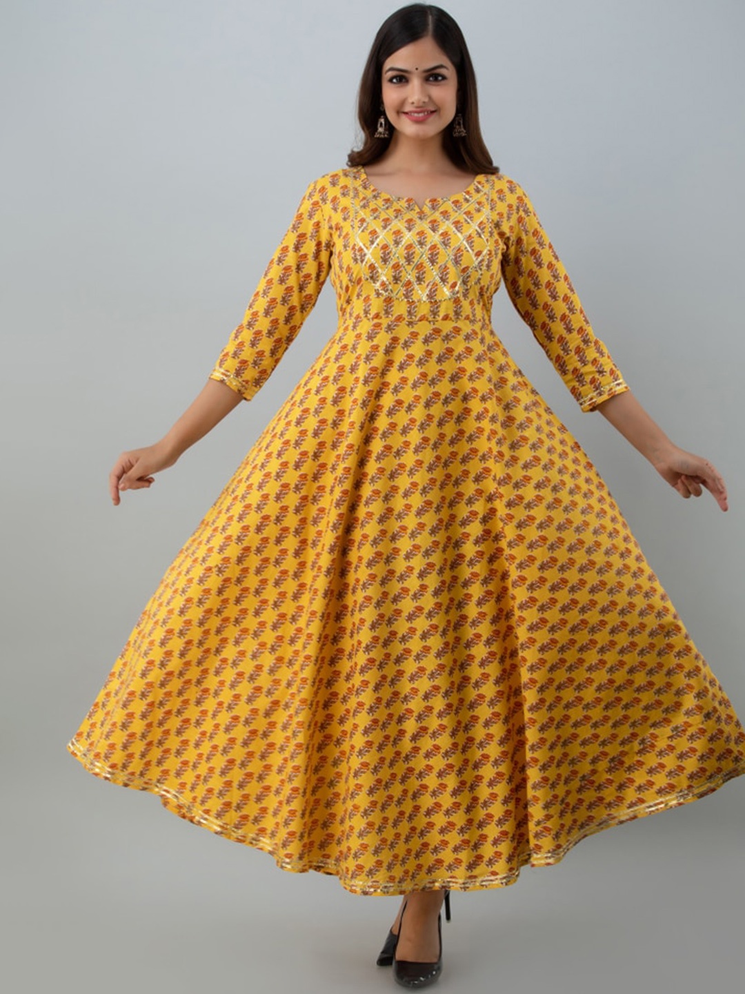 

NISHABD Ethnic Motifs Printed Pure Cotton Anarkali Kurta, Yellow