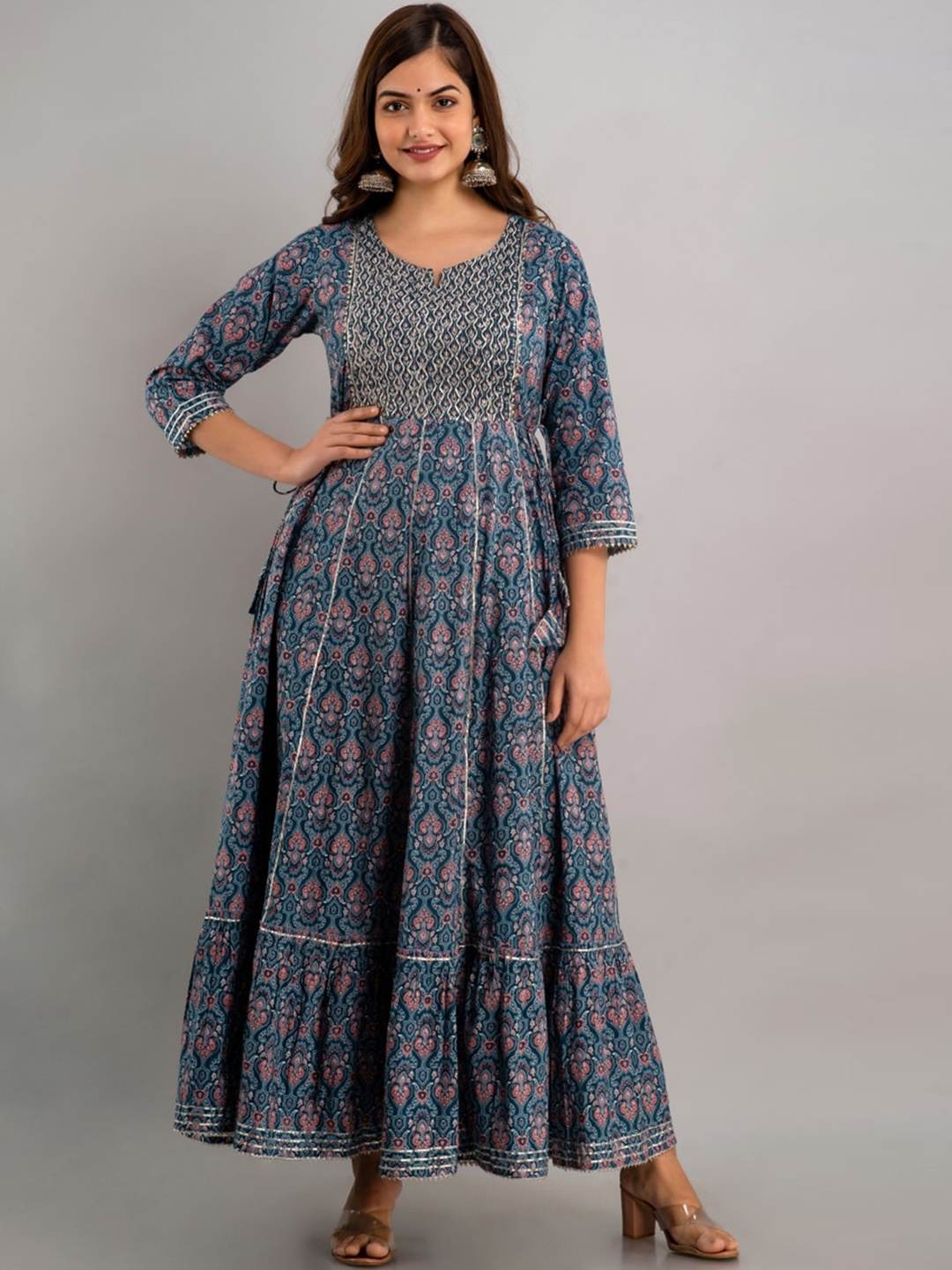 

NISHABD Ethnic Motifs Printed Gotta Patti Pure Cotton Anarkali Kurta, Blue