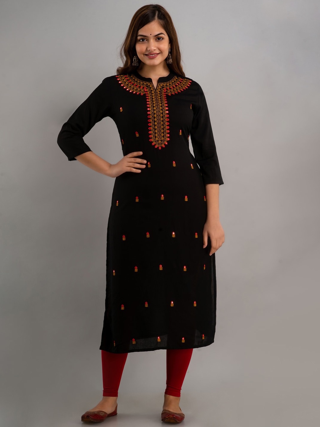 

NISHABD Ethnic Motif Embroidered Mandarin Collar Straight Kurta, Black