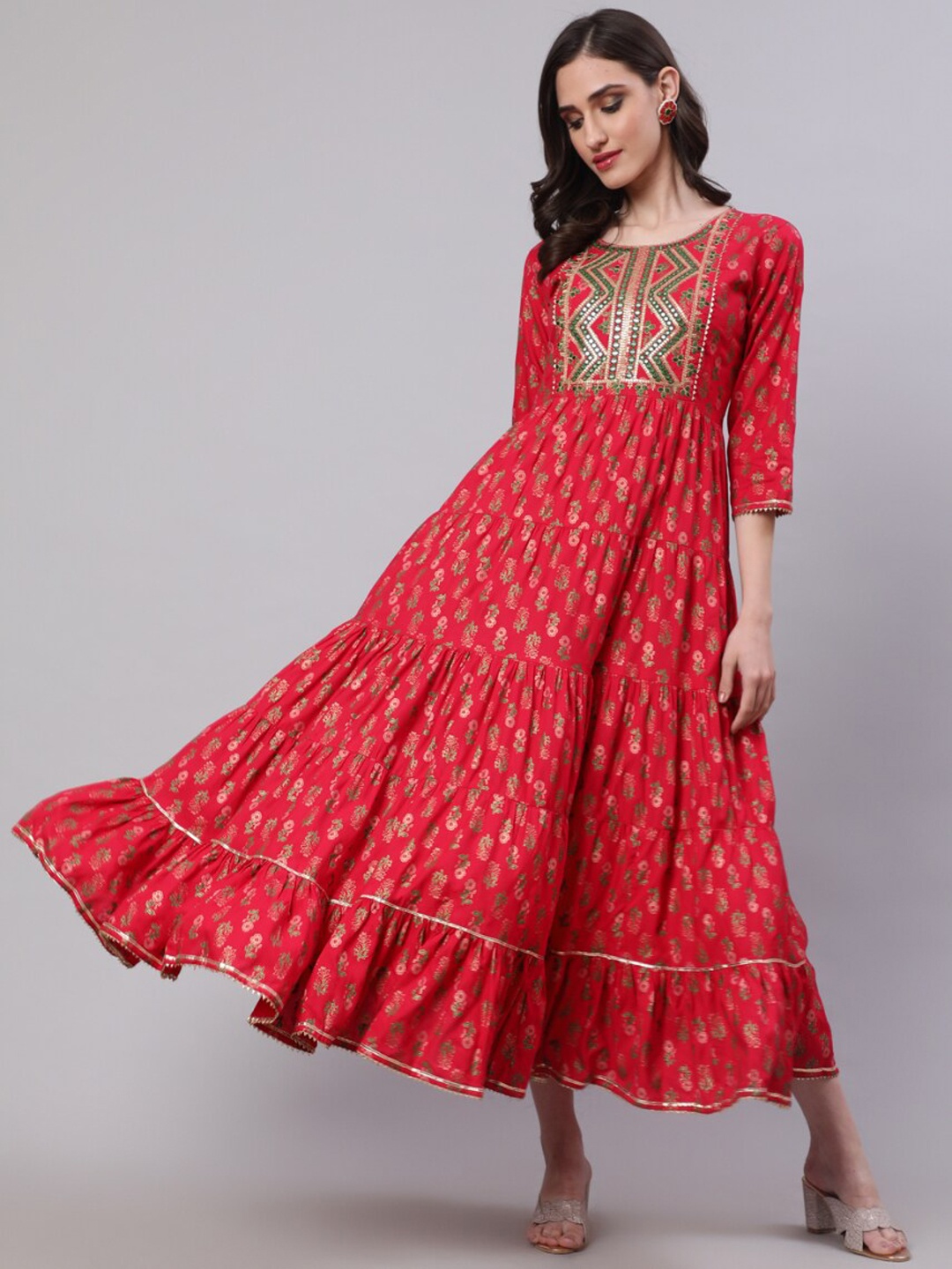 

NISHABD Ethnic Motifs Printed Embroidered Tiered A-Line Ethnic Dress, Red