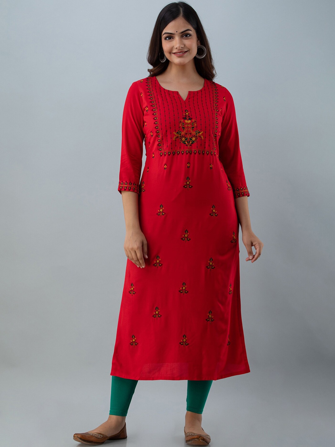 

NISHABD Ethnic Motif Embroidered Straight Kurta, Red