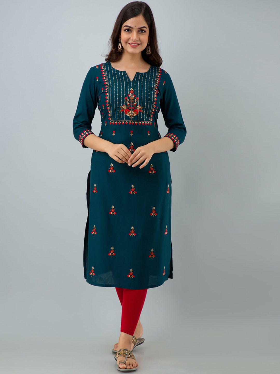 

NISHABD Floral Embroidered Notched Neck Straight Kurta, Teal