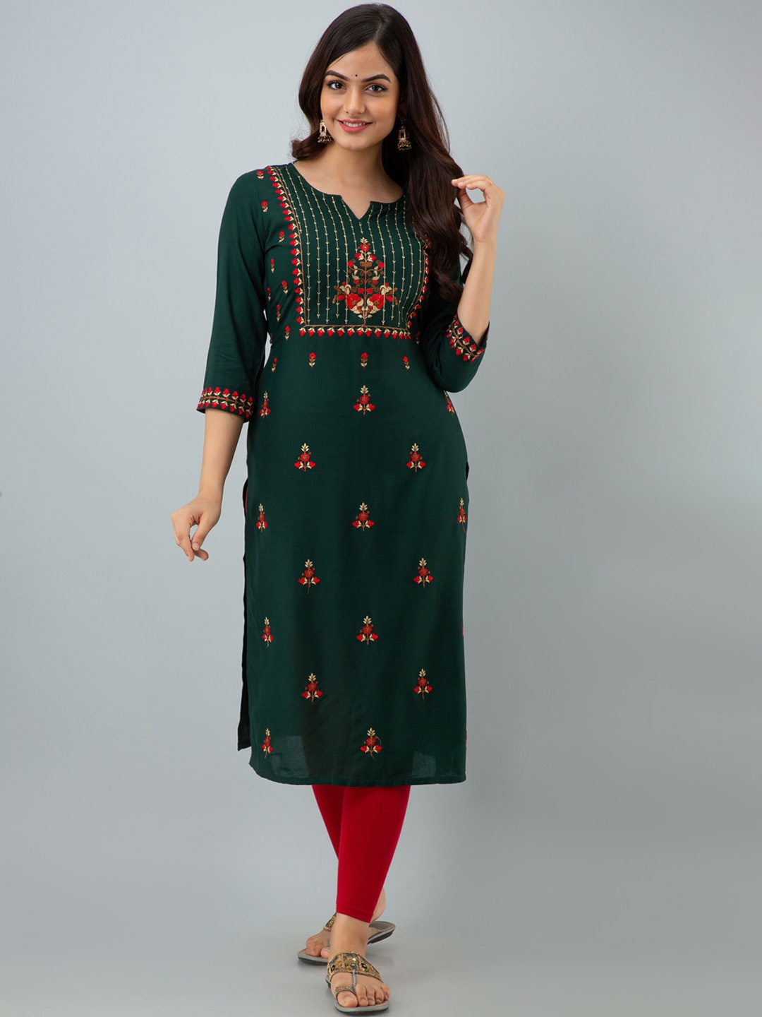 

NISHABD Ethnic Motifs Embroidered Thread Work Kurta, Green
