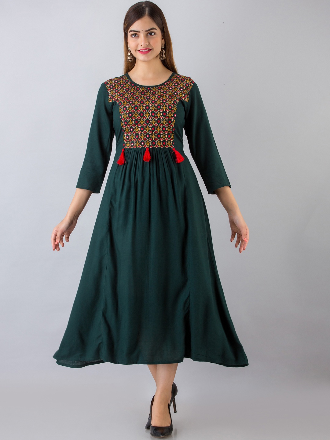 

NISHABD Ethnic Motifs Embroidered A-Line Midi Ethnic Dress, Green