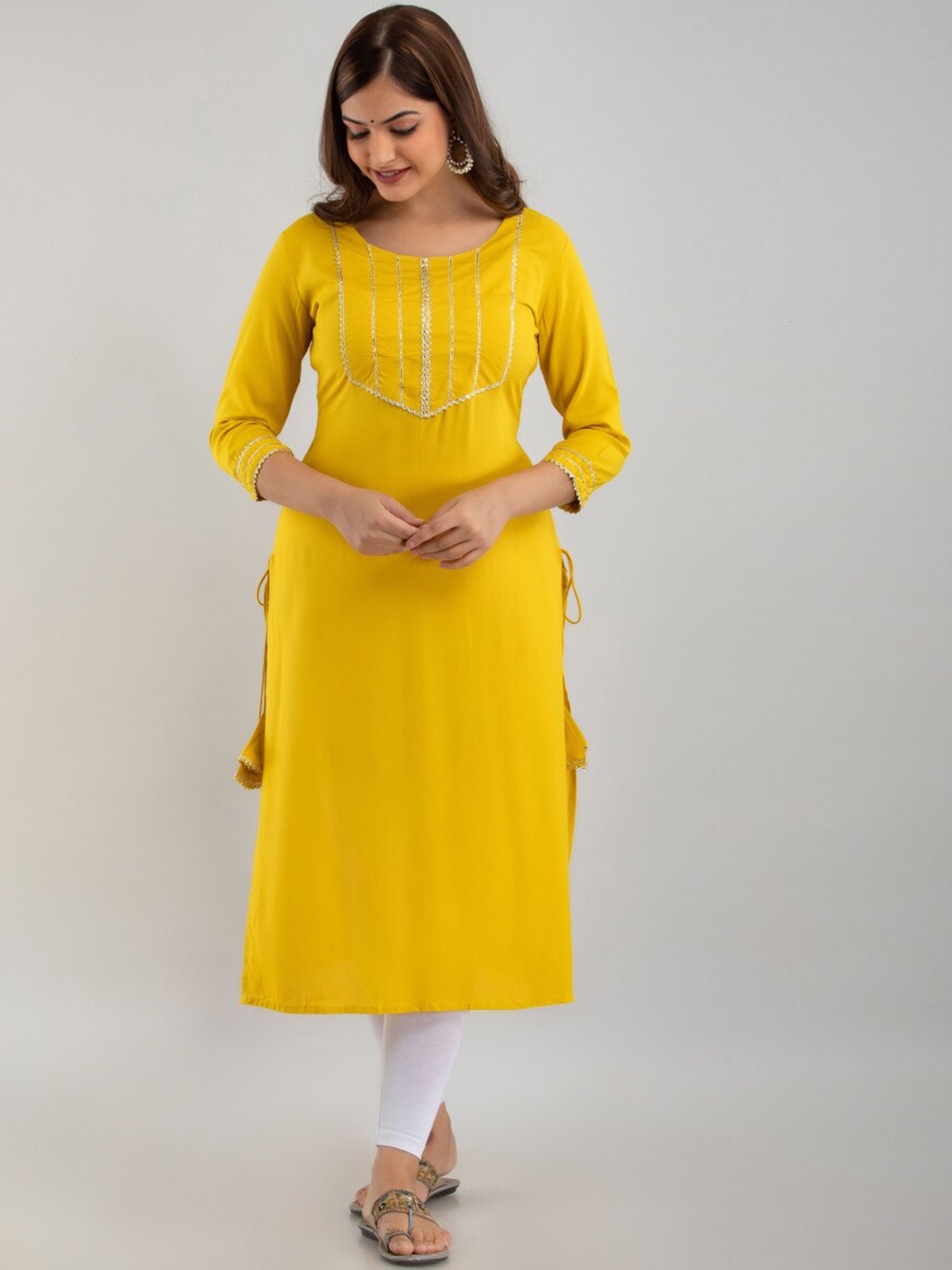 

NISHABD Gota Patti Embellished Round Neck Straight Kurta, Yellow