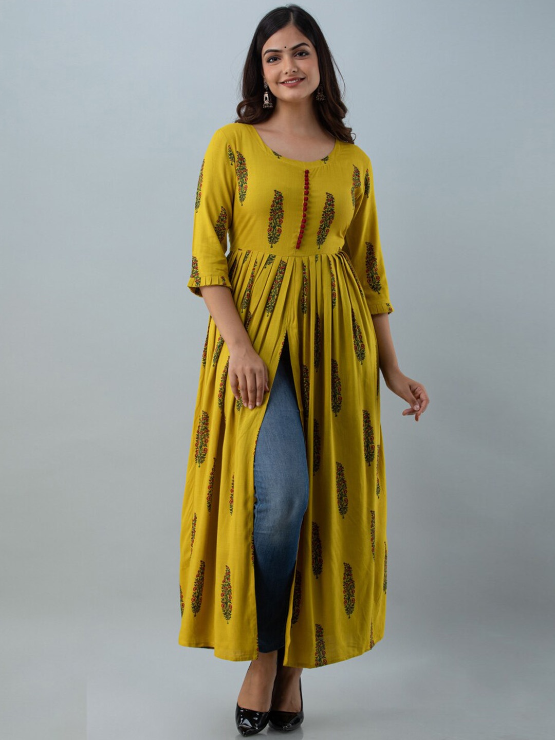 

NISHABD Ethnic Motif Printed Pleated High Slit A-Line Kurta, Mustard