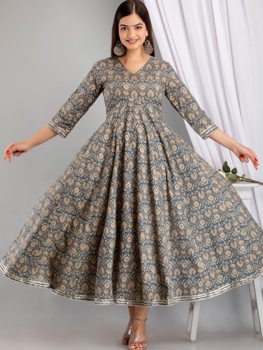 

NISHABD Ethnic Motifs Printed Gotta Patti Pure Cotton Anarkali Kurta, Blue